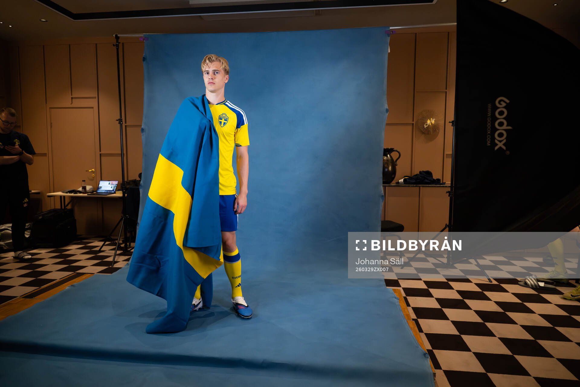 Lucas Bergvall of the Swedish national football team poses