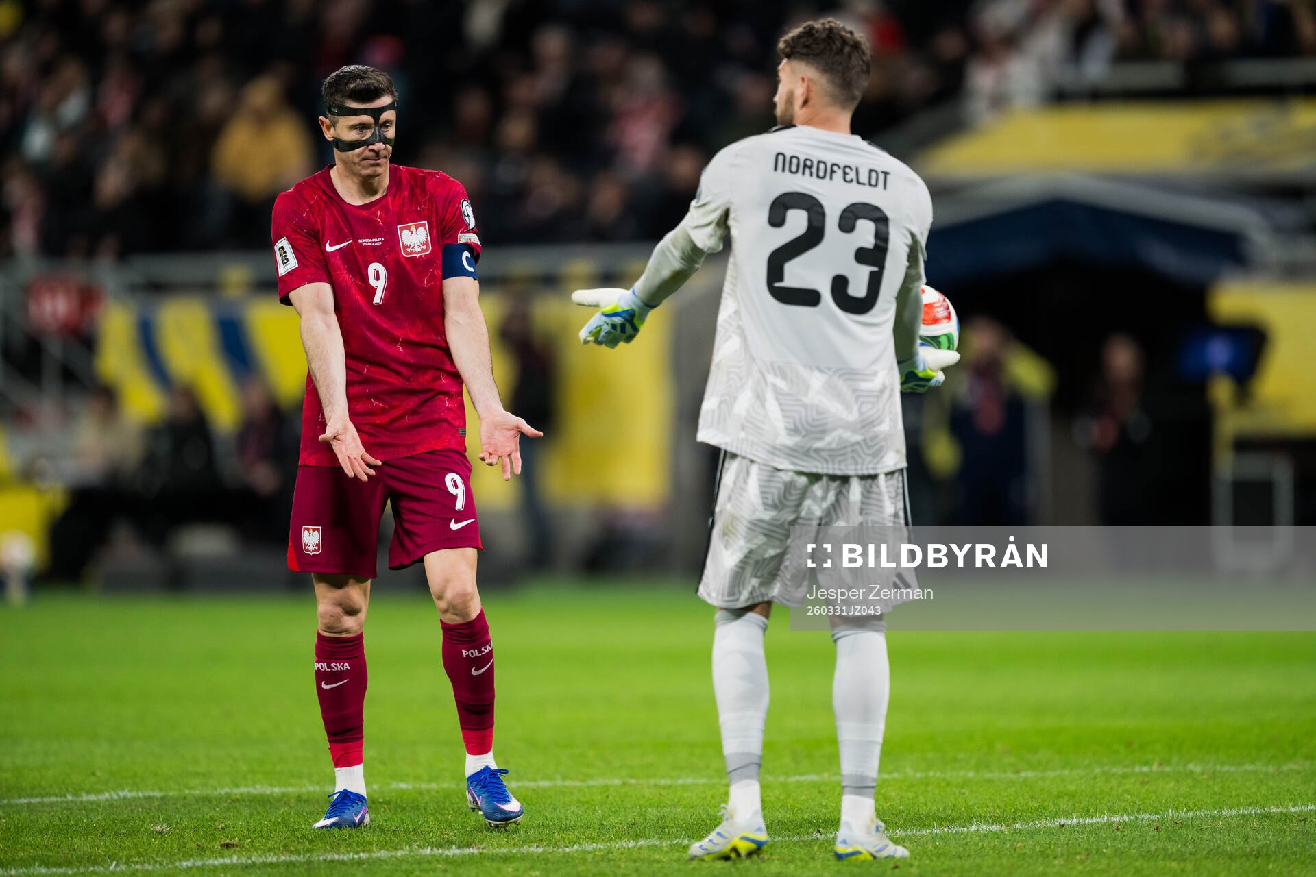 Robert Lewandowski of Poland and goalkeeper Kristoffer