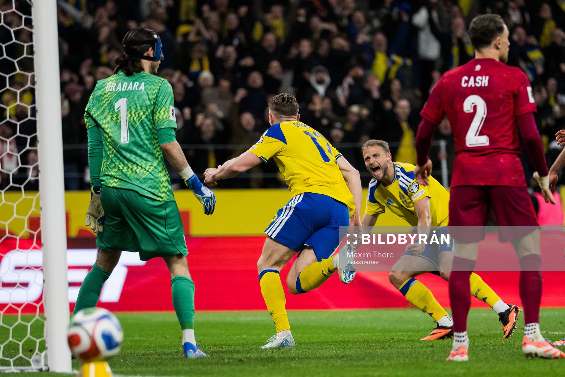 Viktor Gyökeres and Gustav Lundgren of Sweden celebrate