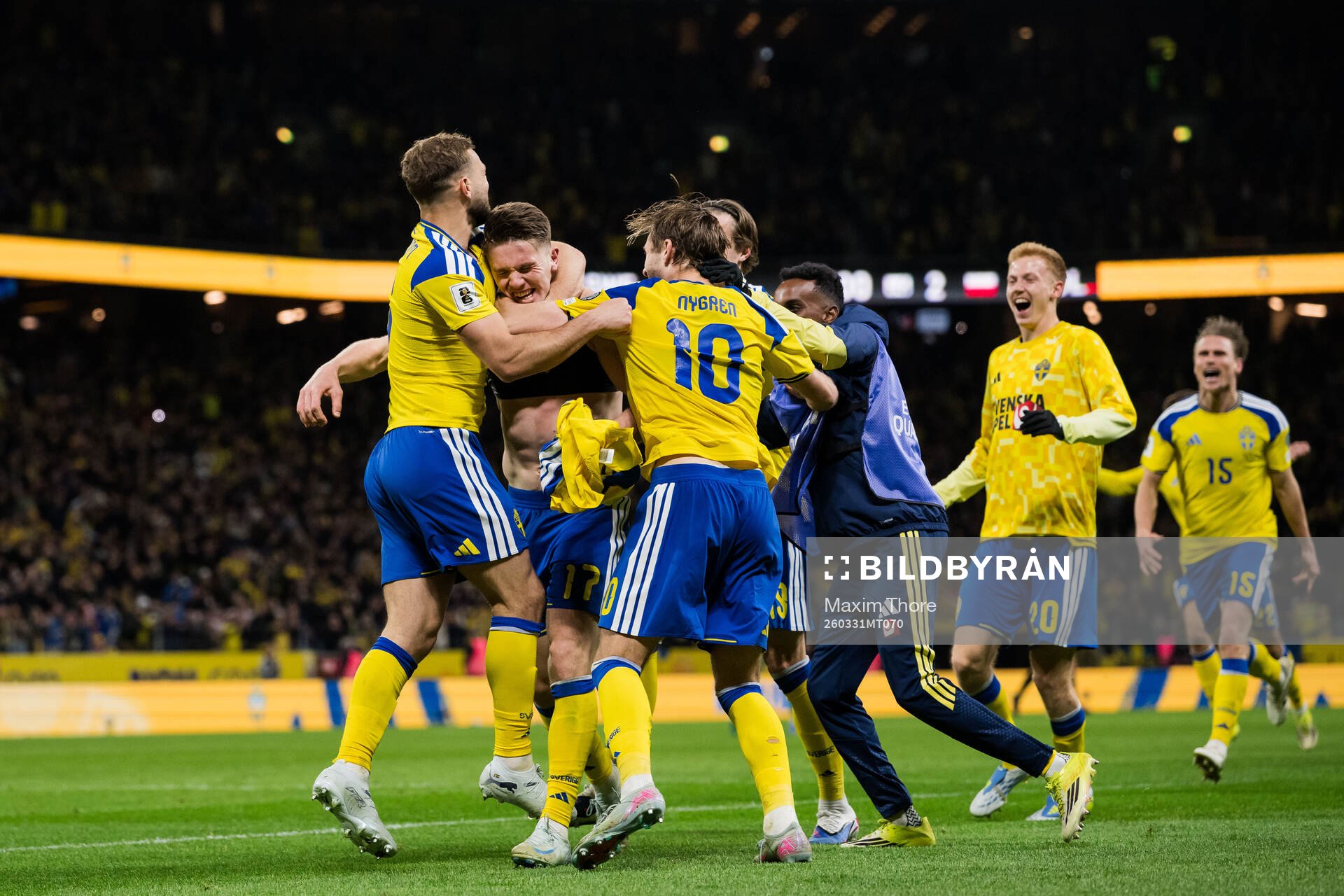 Viktor Gyökeres and Benjamin Nygren of Sweden celebrate
