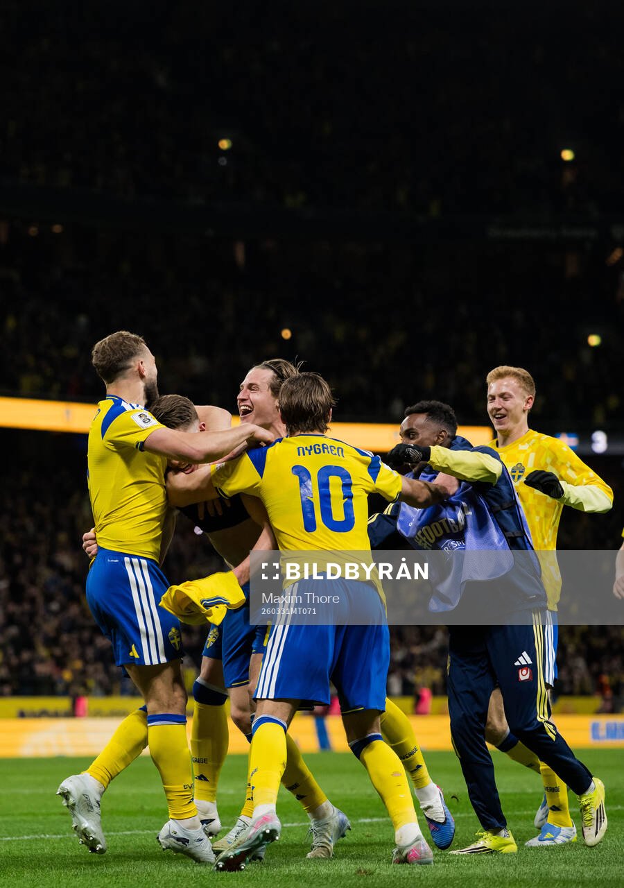Viktor Gyökeres and Benjamin Nygren of Sweden celebrate