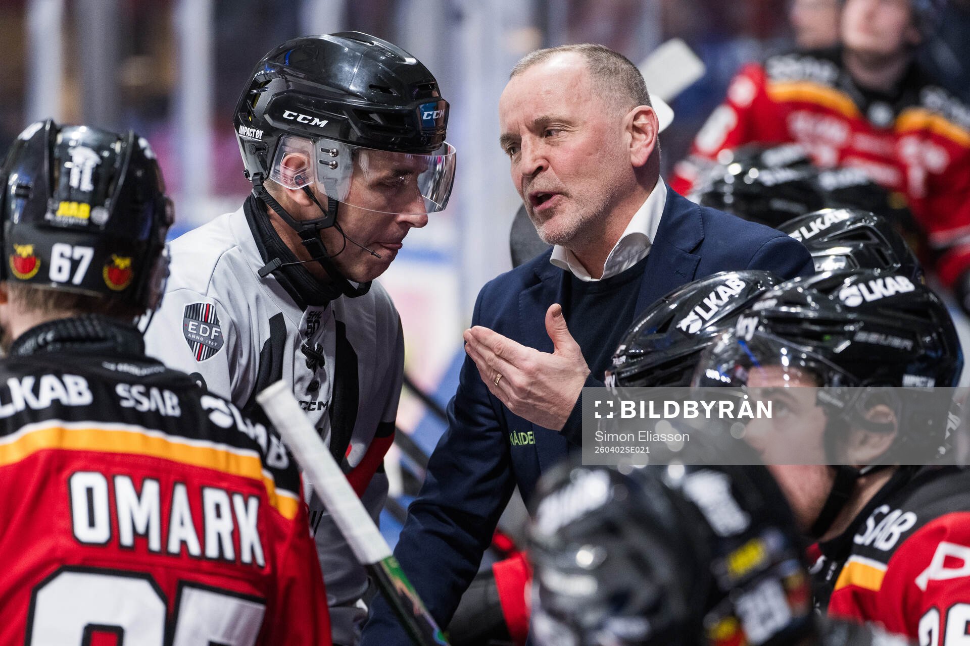 Domare Linus Öhlund och Luleås tränare Thomas Berglund