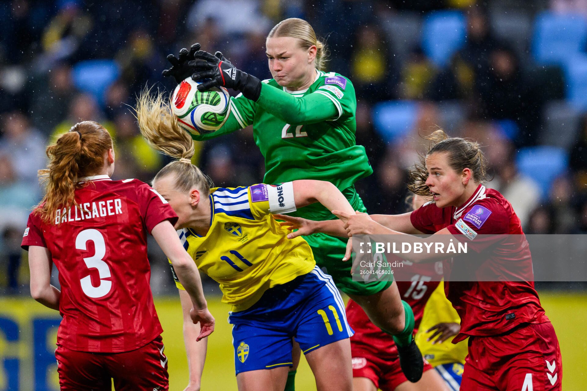 Stina Blackstenius of Sweden and goalkeeper Freja Thisgaard