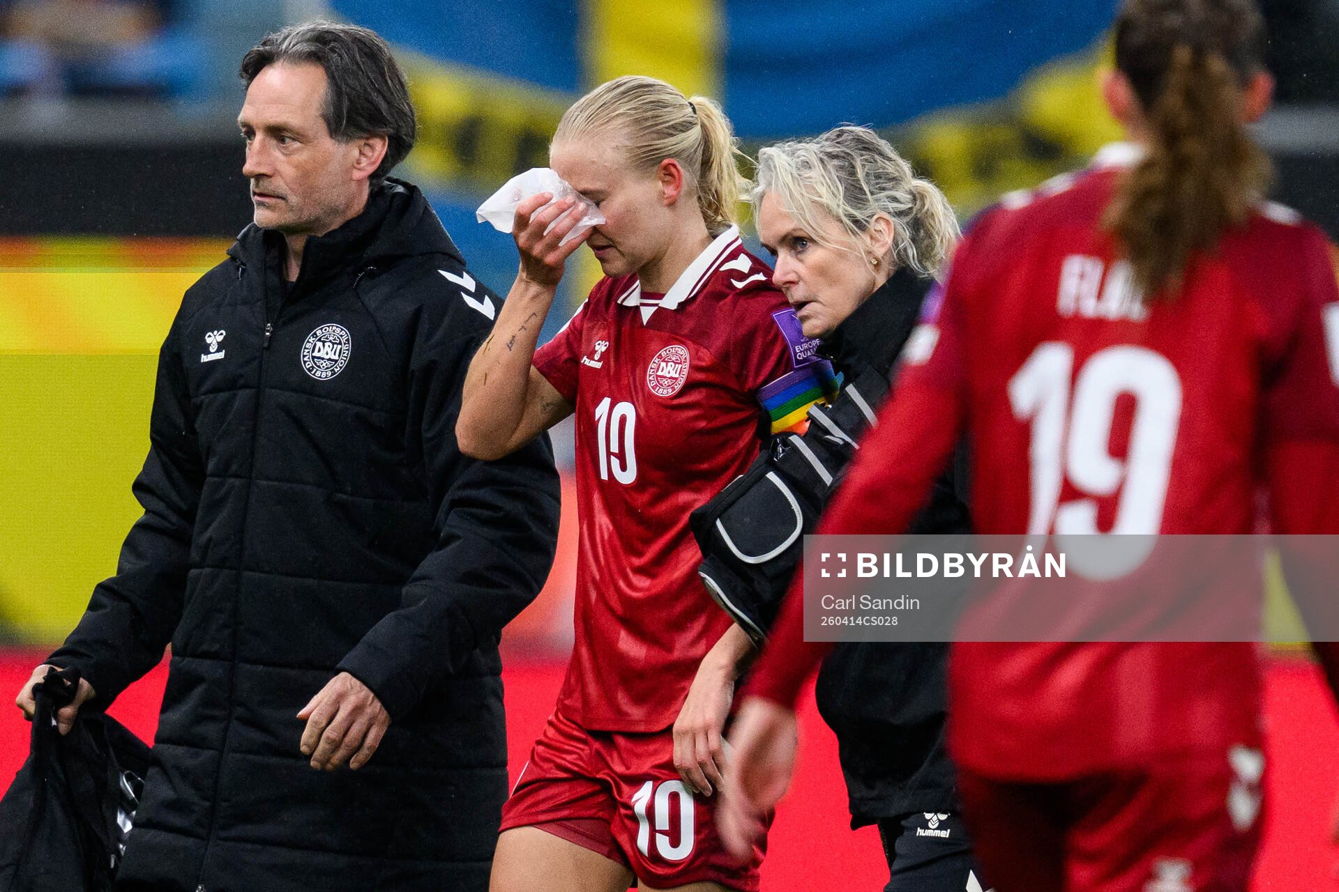 Pernille Harder of Denmark recieves medical attention