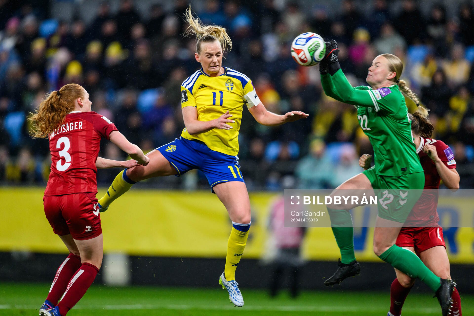 Stina Blackstenius of Sweden and goalkeeper Freja Thisgaard