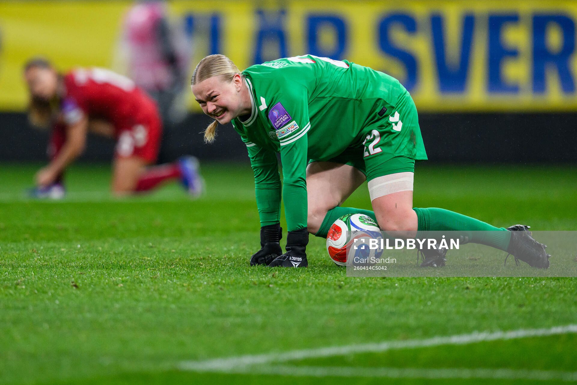 goalkeeper Freja Thisgaard of Denmark in pain