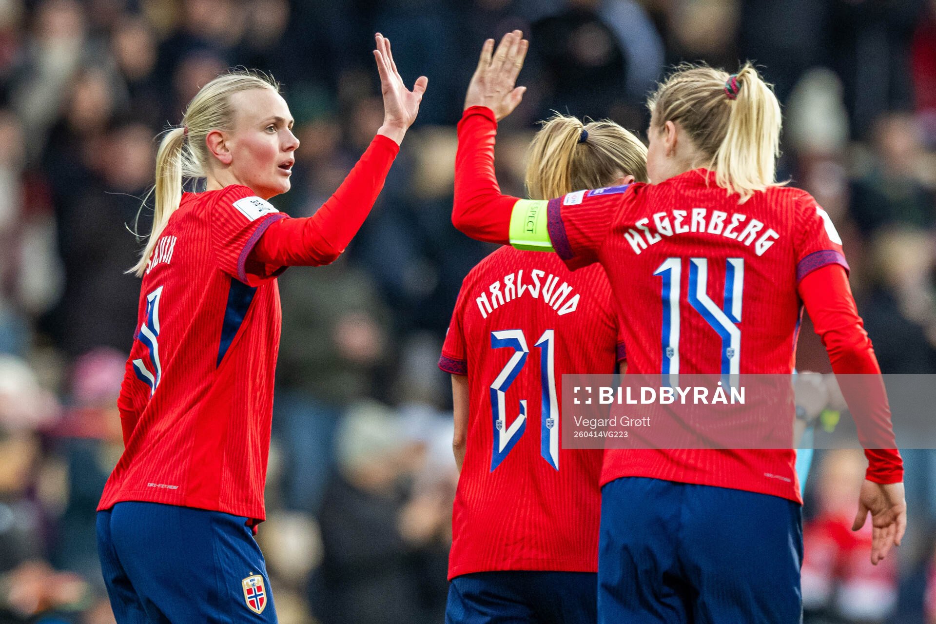 Karina Sævik of Norway celebrates with teammate Ada