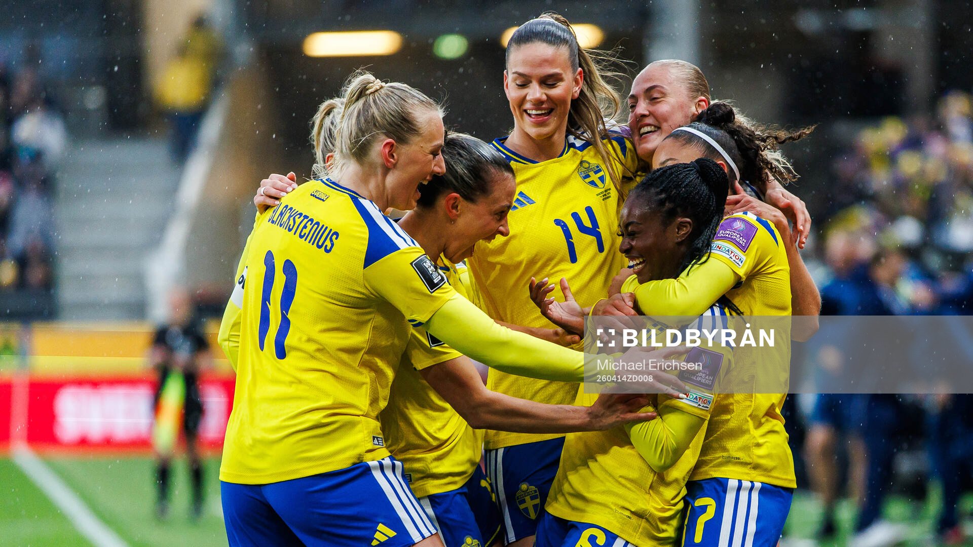 Monica Jusu Bah of Sweden celebrates with teammates