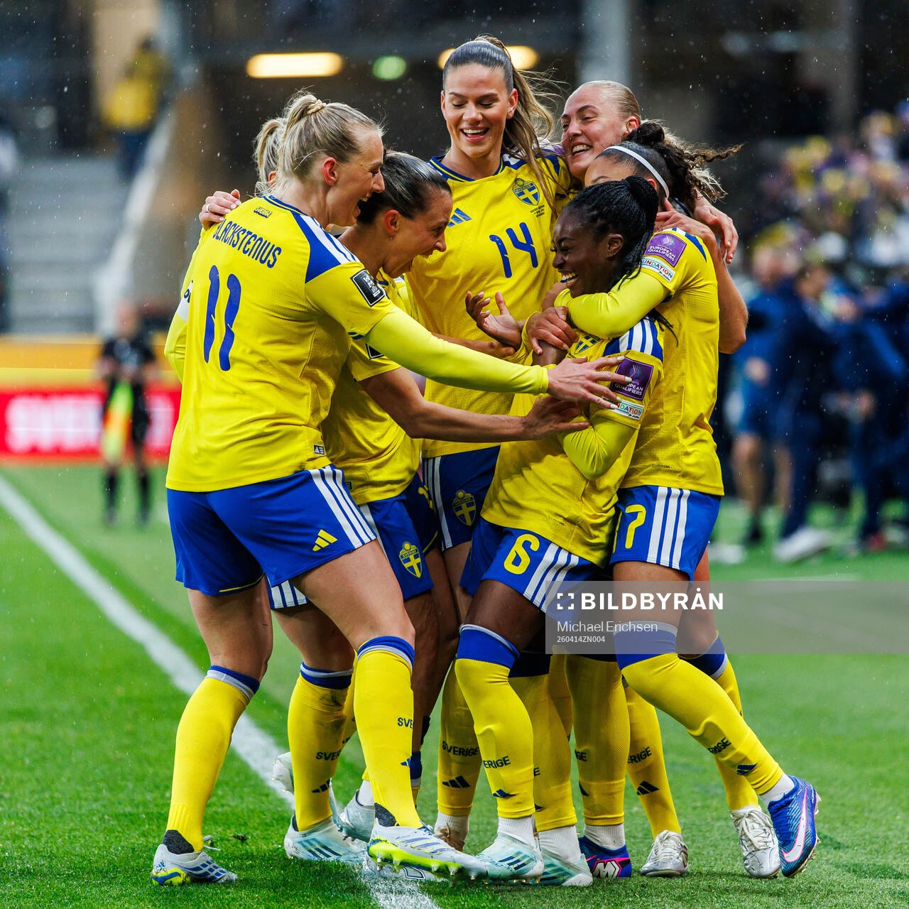 Monica Jusu Bah of Sweden celebrates with teammates