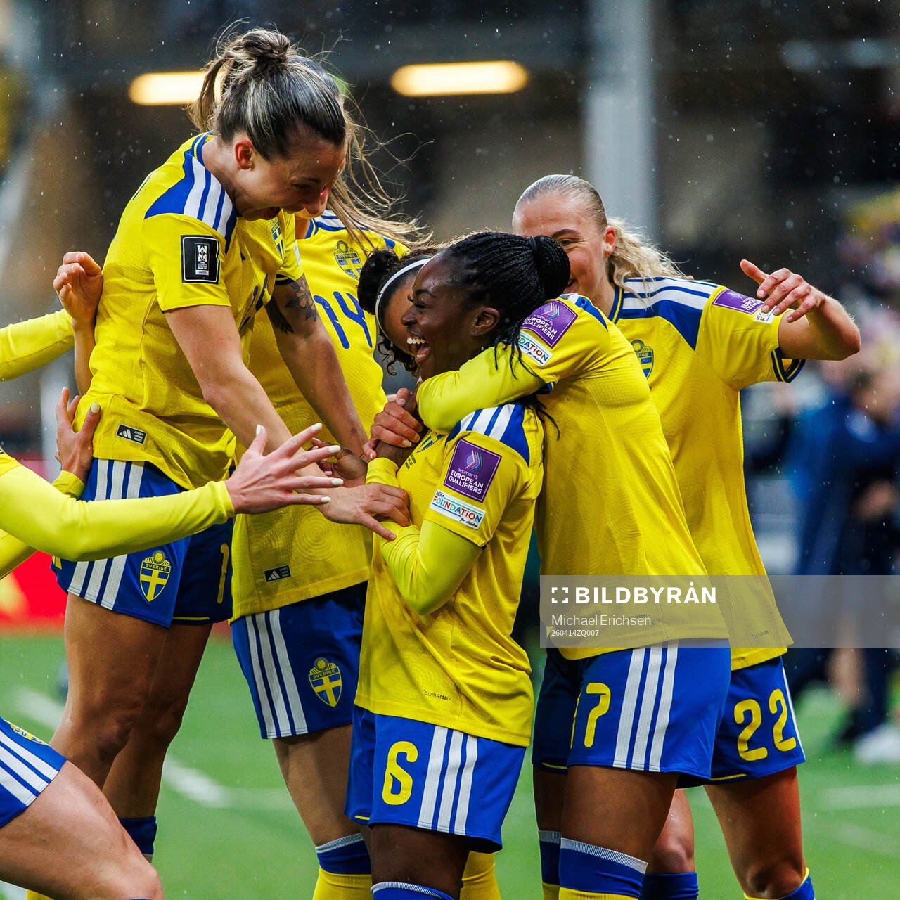 Monica Jusu Bah of Sweden celebrates with teammates