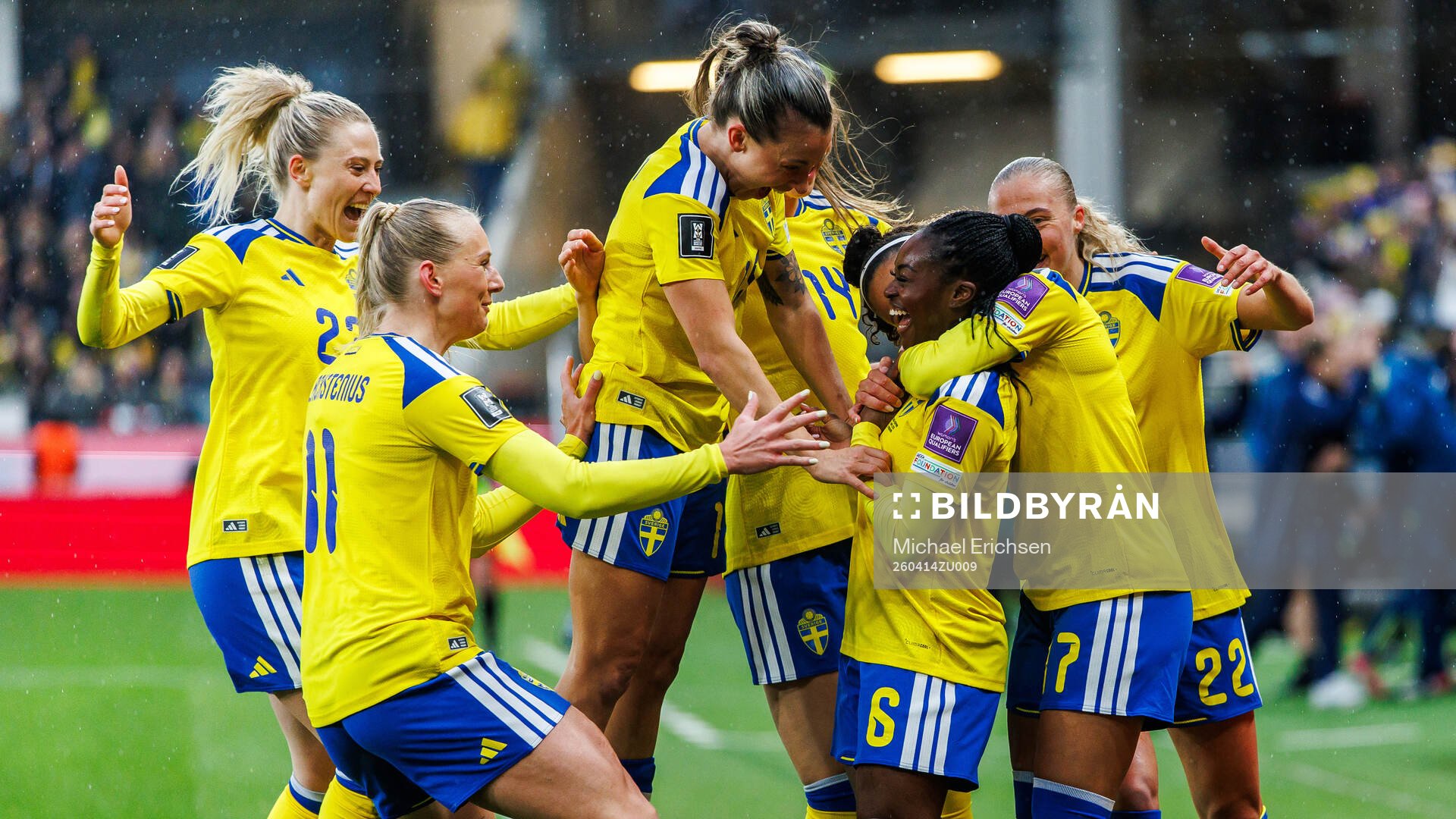 Monica Jusu Bah of Sweden celebrates with teammates