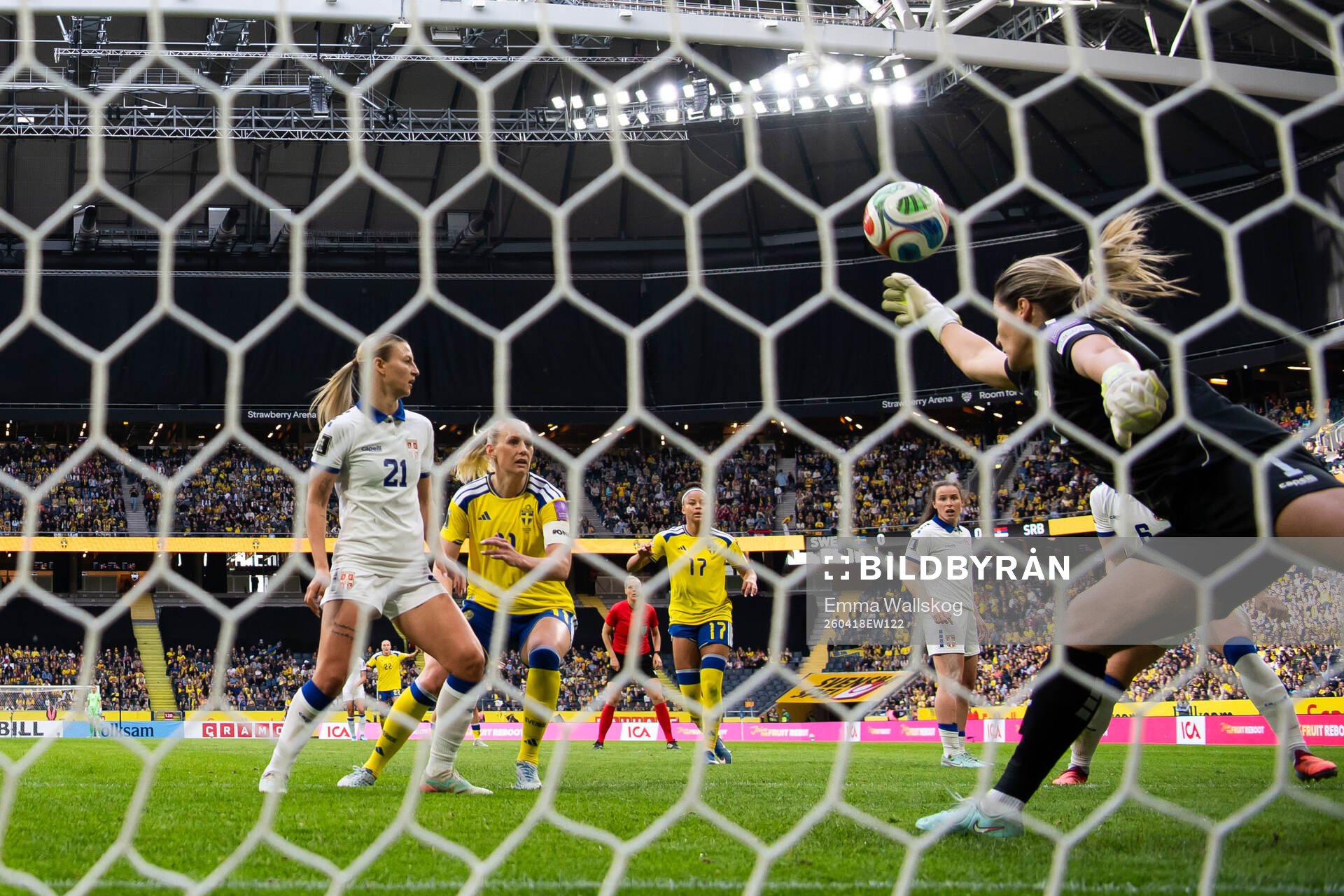 Stina Blackstenius of Sweden against Zivana Stupar and