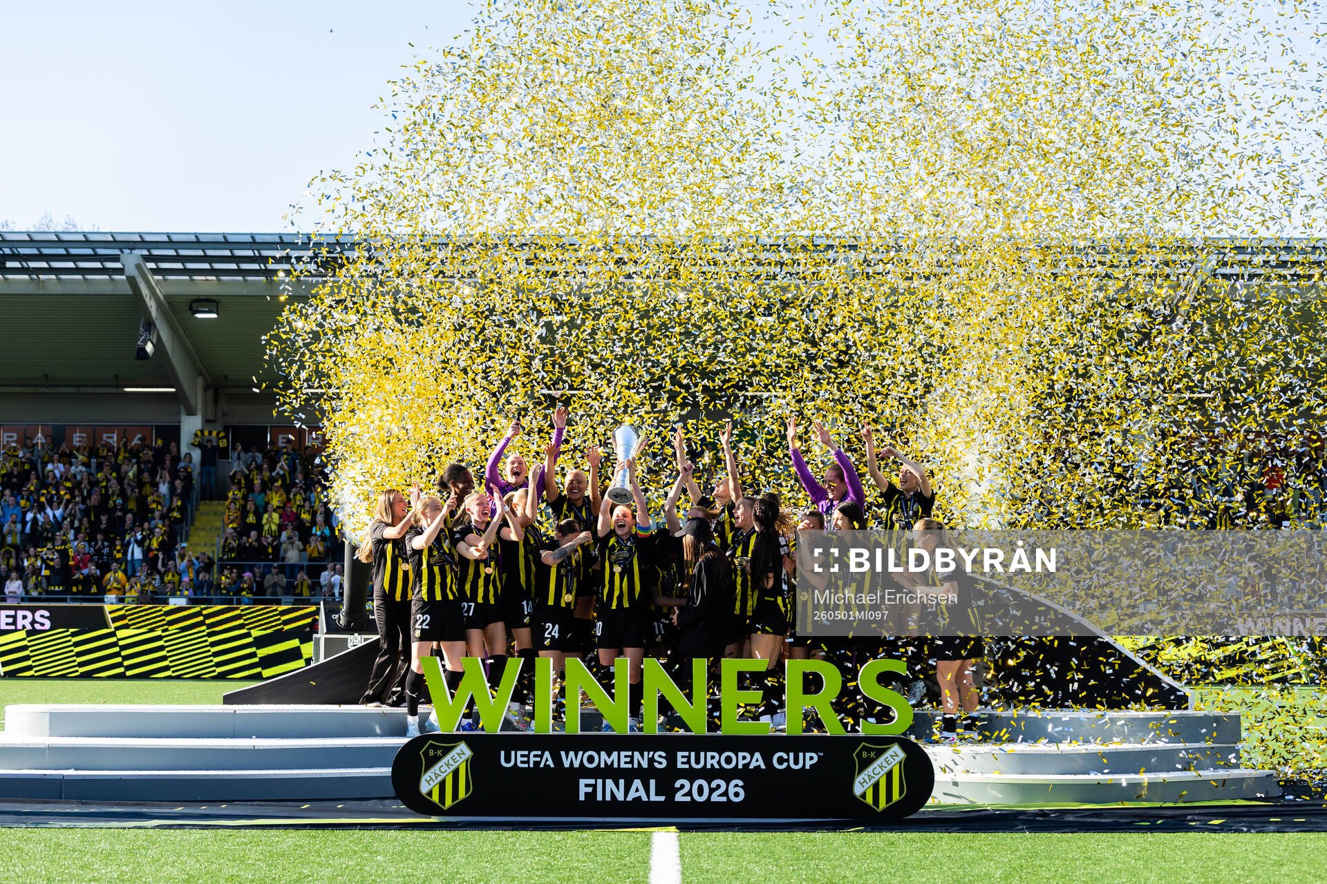 Players of Häcken celebrate with the trophy