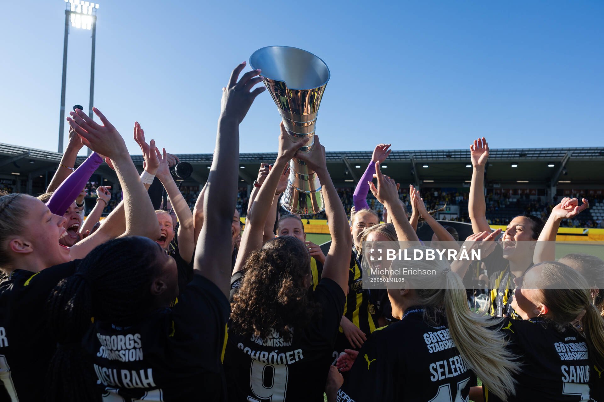 Players of Häcken celebrate with the trophy