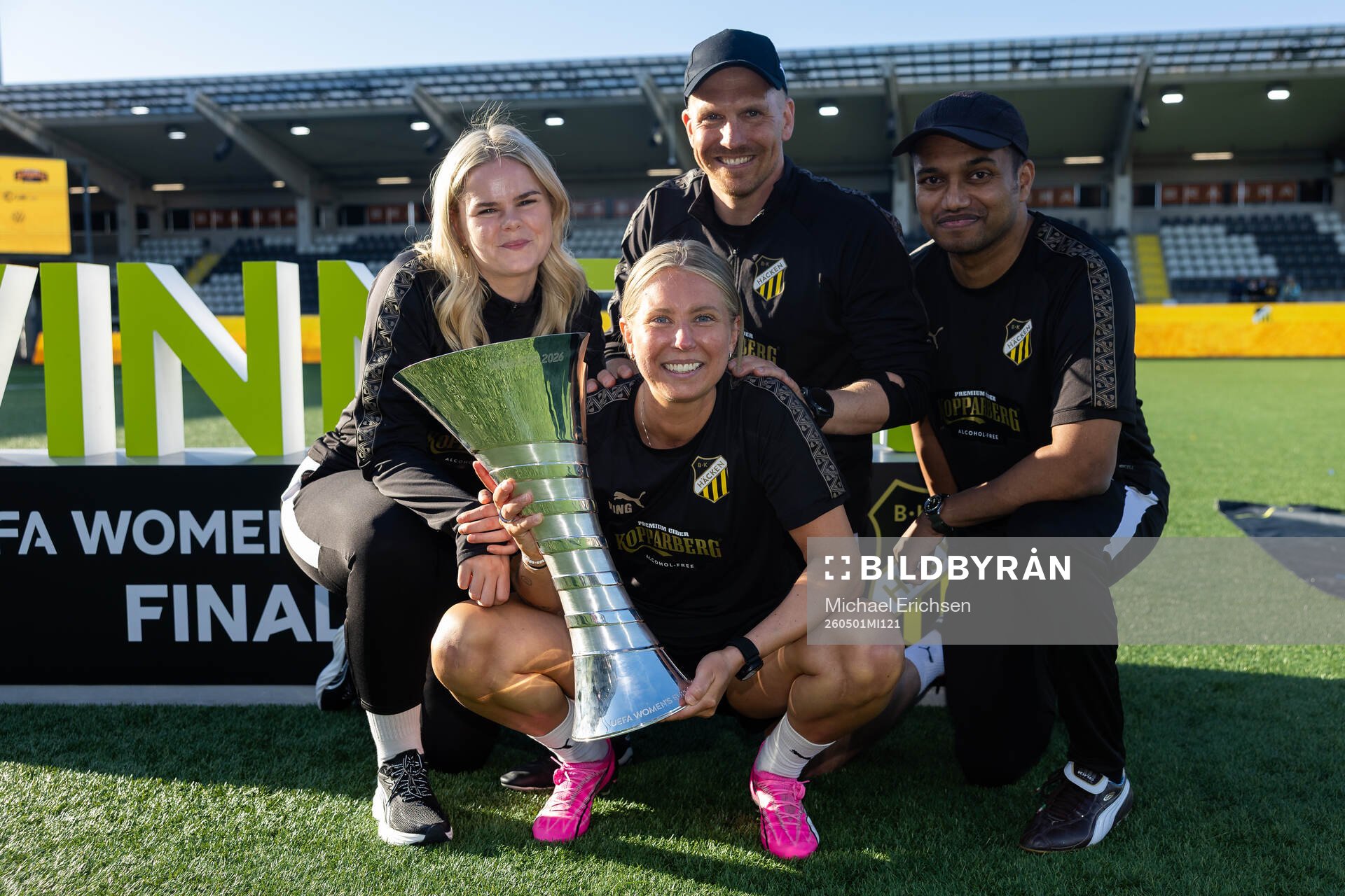 The physio staff of Häcken celebrate with the trophy