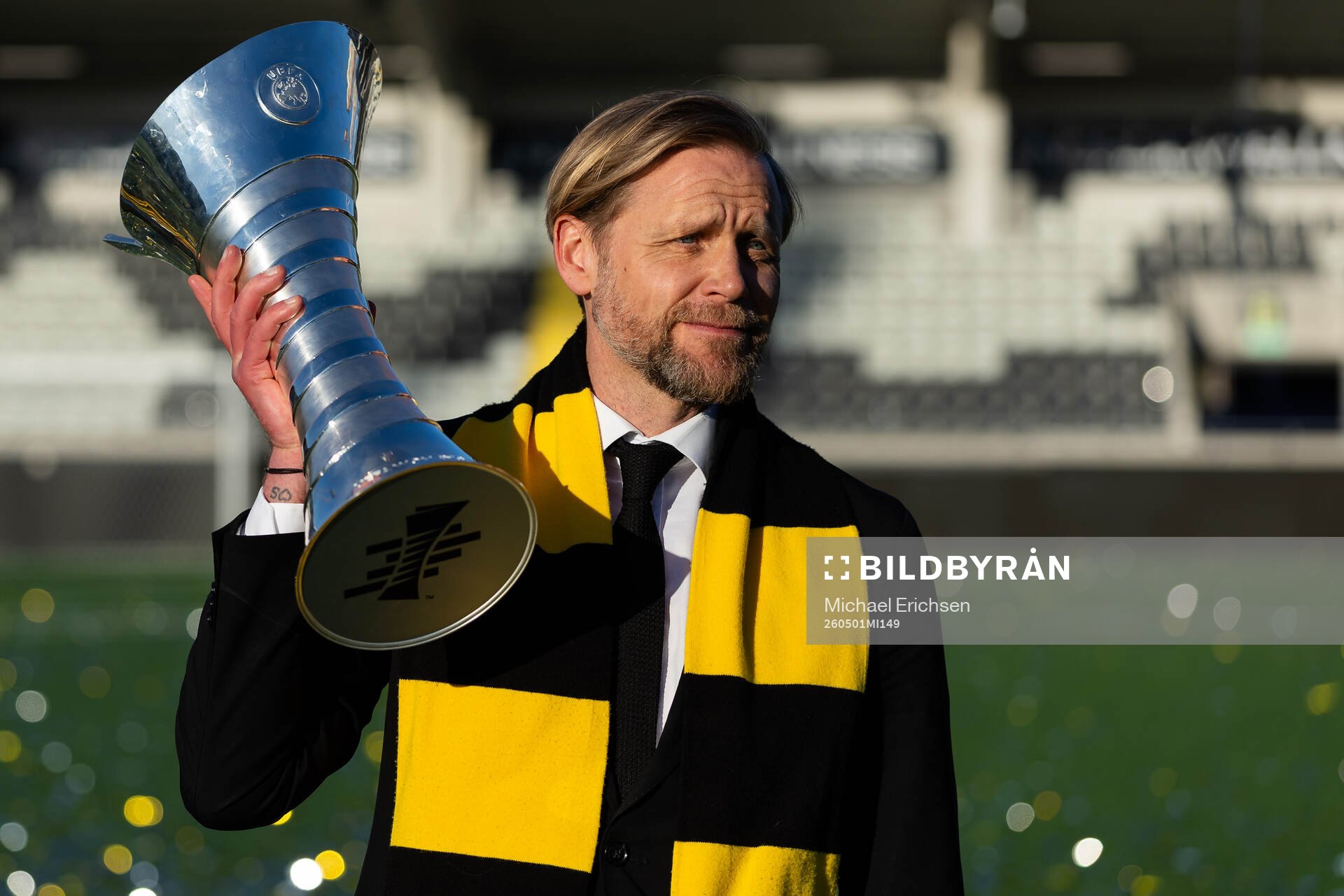 CEO Marcus Jodin of Häcken celebrates with the trophy