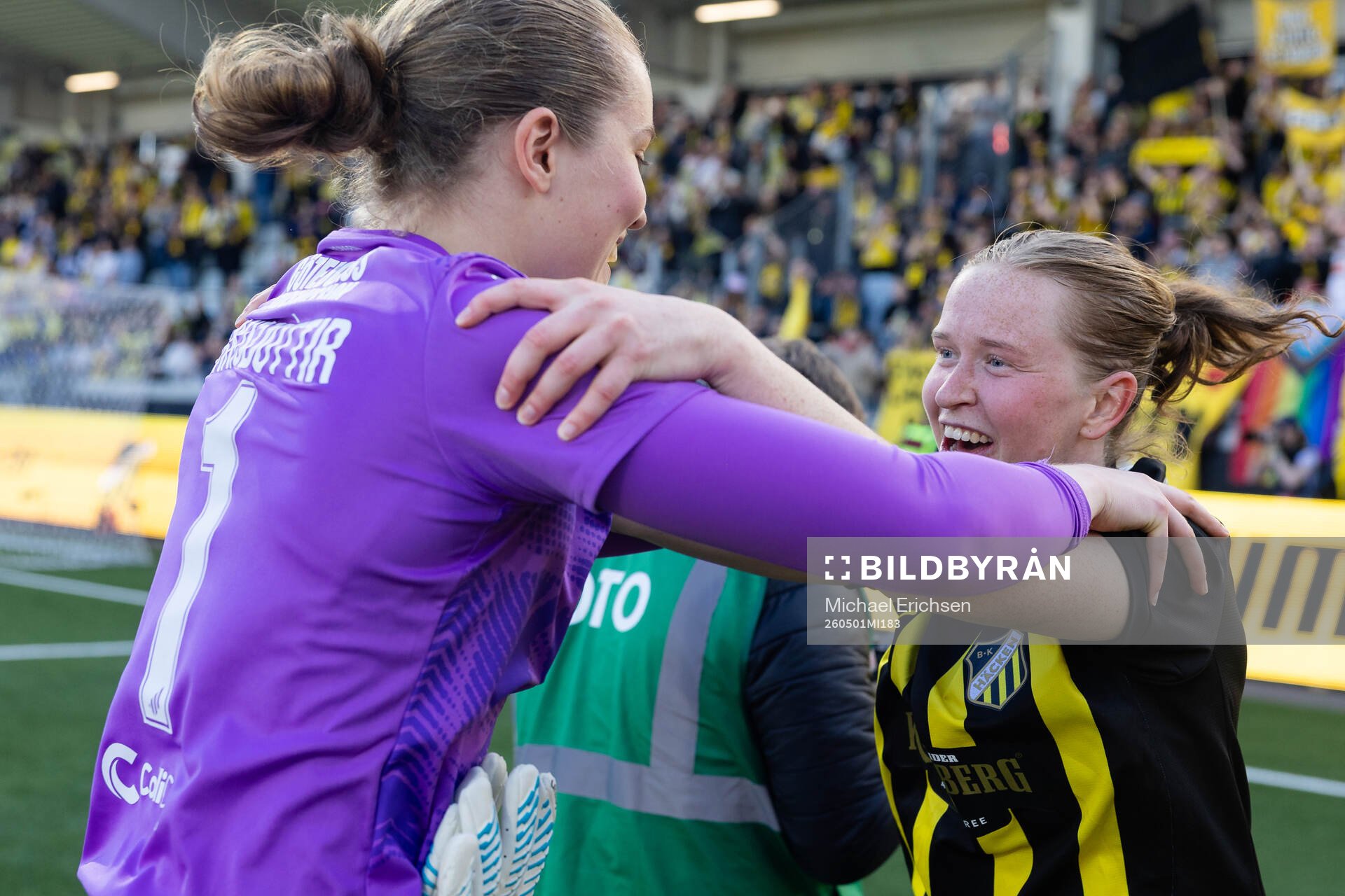 Goalkeeper Fanney Inga Birkisdottir and Emma Östlund of