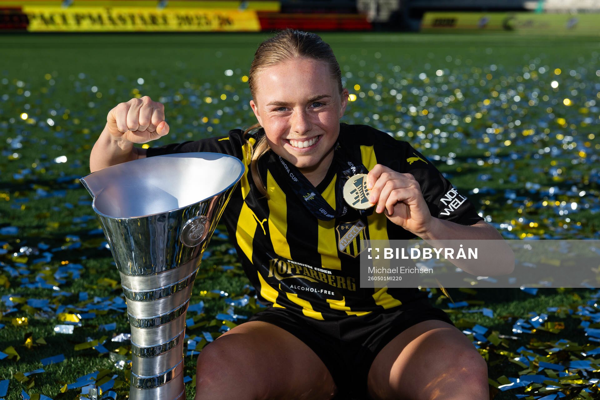 Pernille Sanvig of Häcken poses with the trophy
