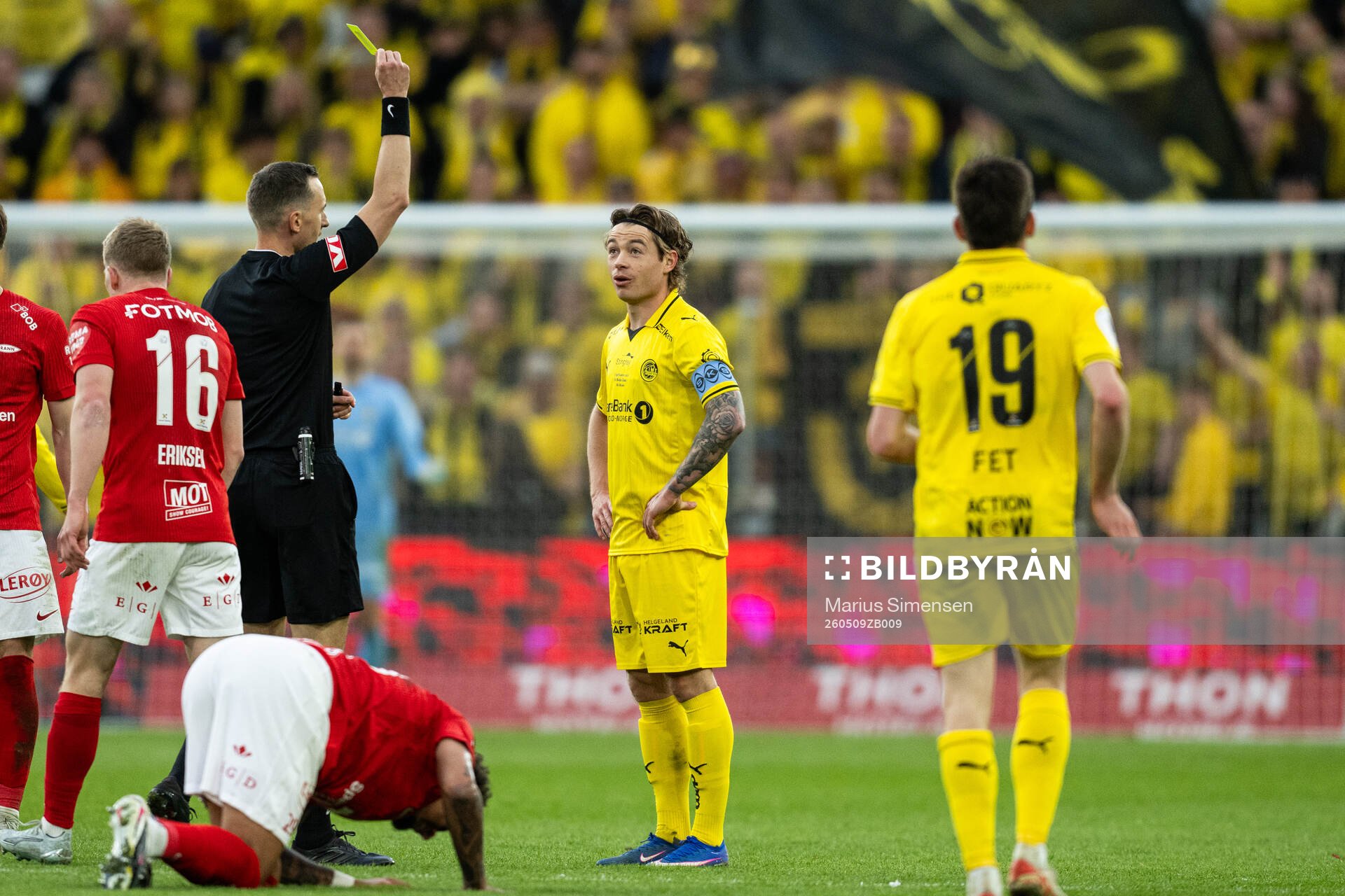 Patrick Berg of Bodø/Glimt receive a yellow card