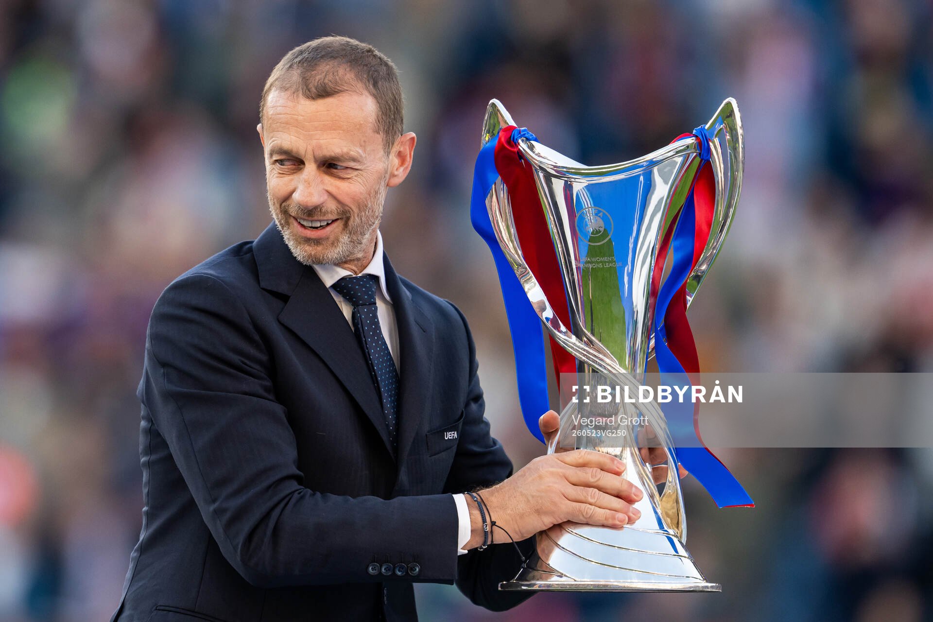 Aleksander Ceferin, president of UEFA, with the trophy