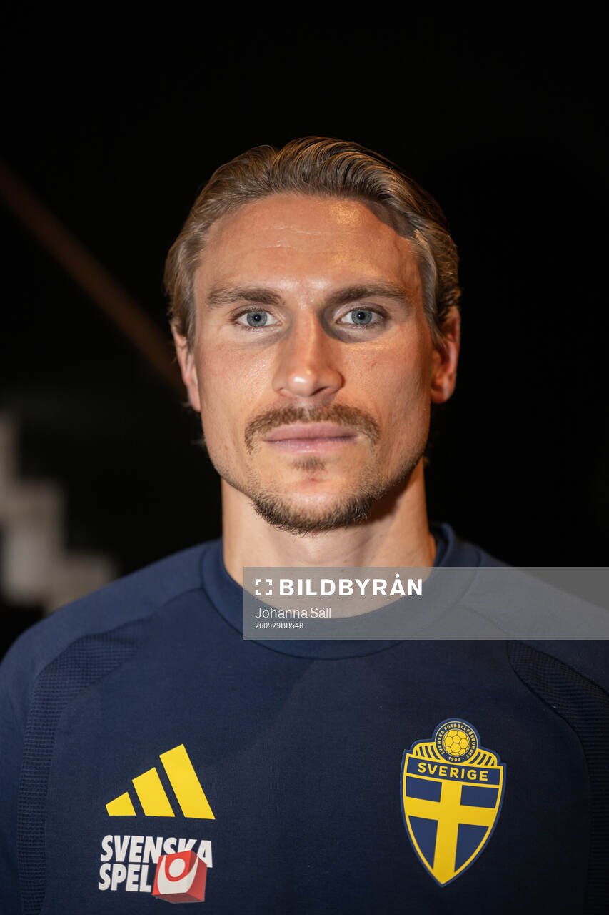 Carl Starfelt of the Swedish national football team poses