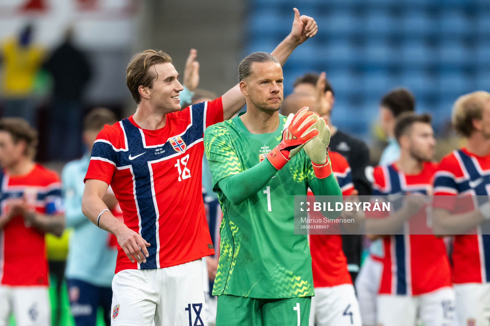 Kristian Thorstvedt and goalkeeper Ørjan Nyland of Norway