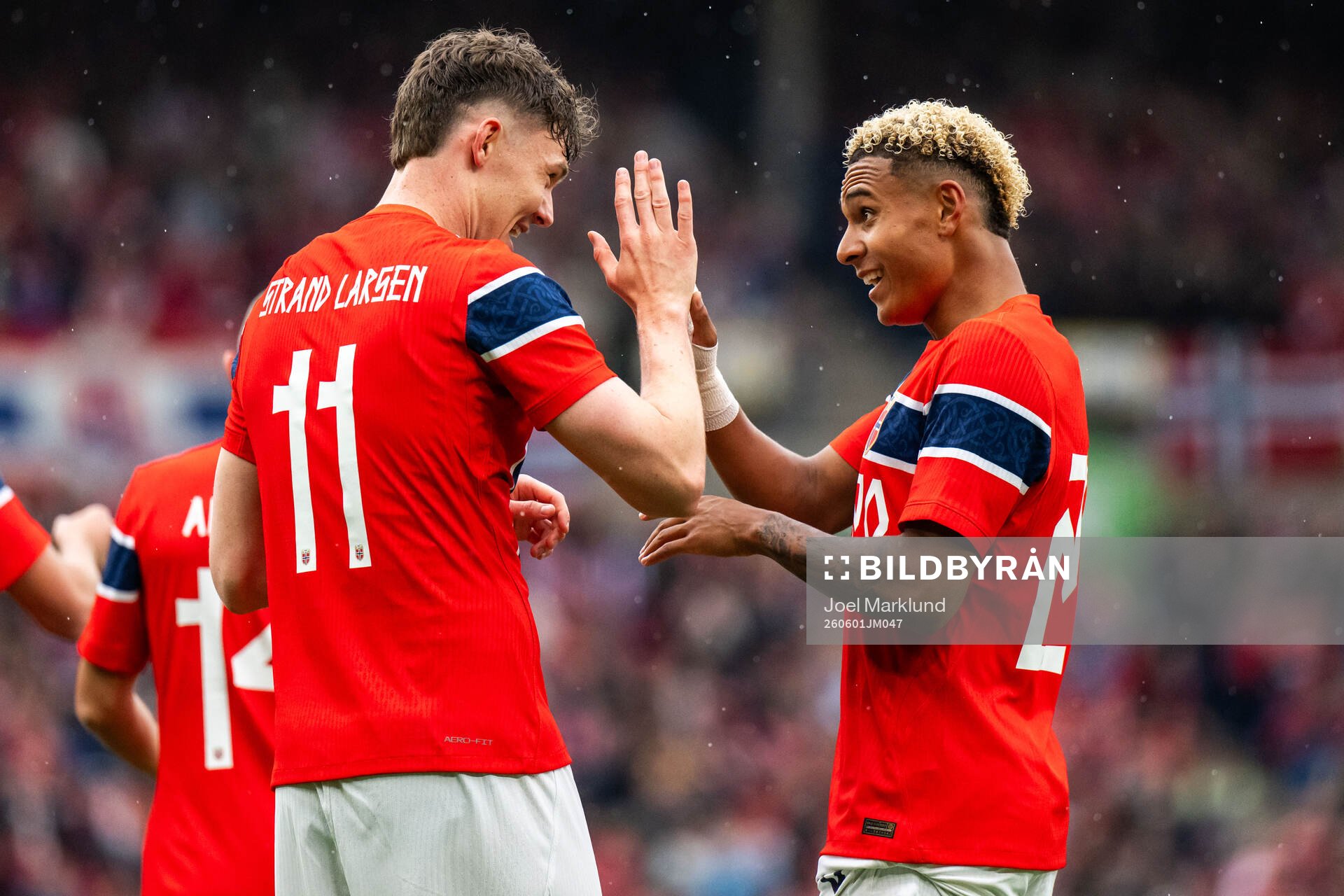 Jørgen Strand Larsen and Antonio Nusa celebrate