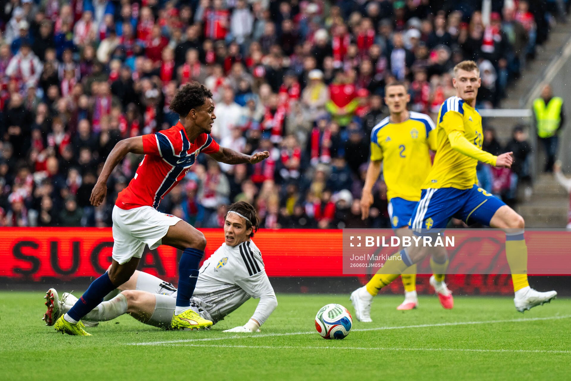 Oscar Bobb of Norway and goalkeeper Jacob Widell