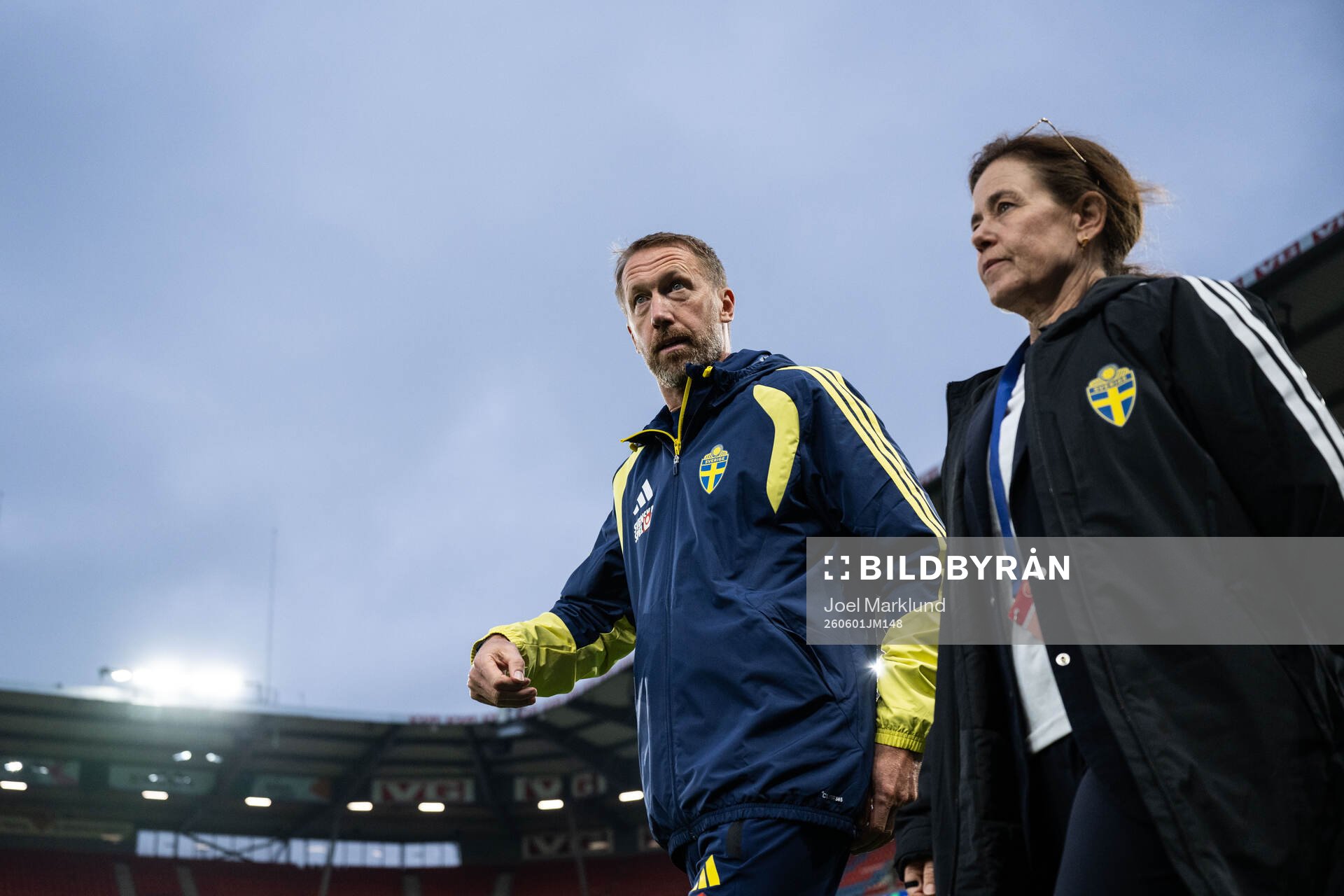 Head coach Graham Potter of Sweden and press officer Petra