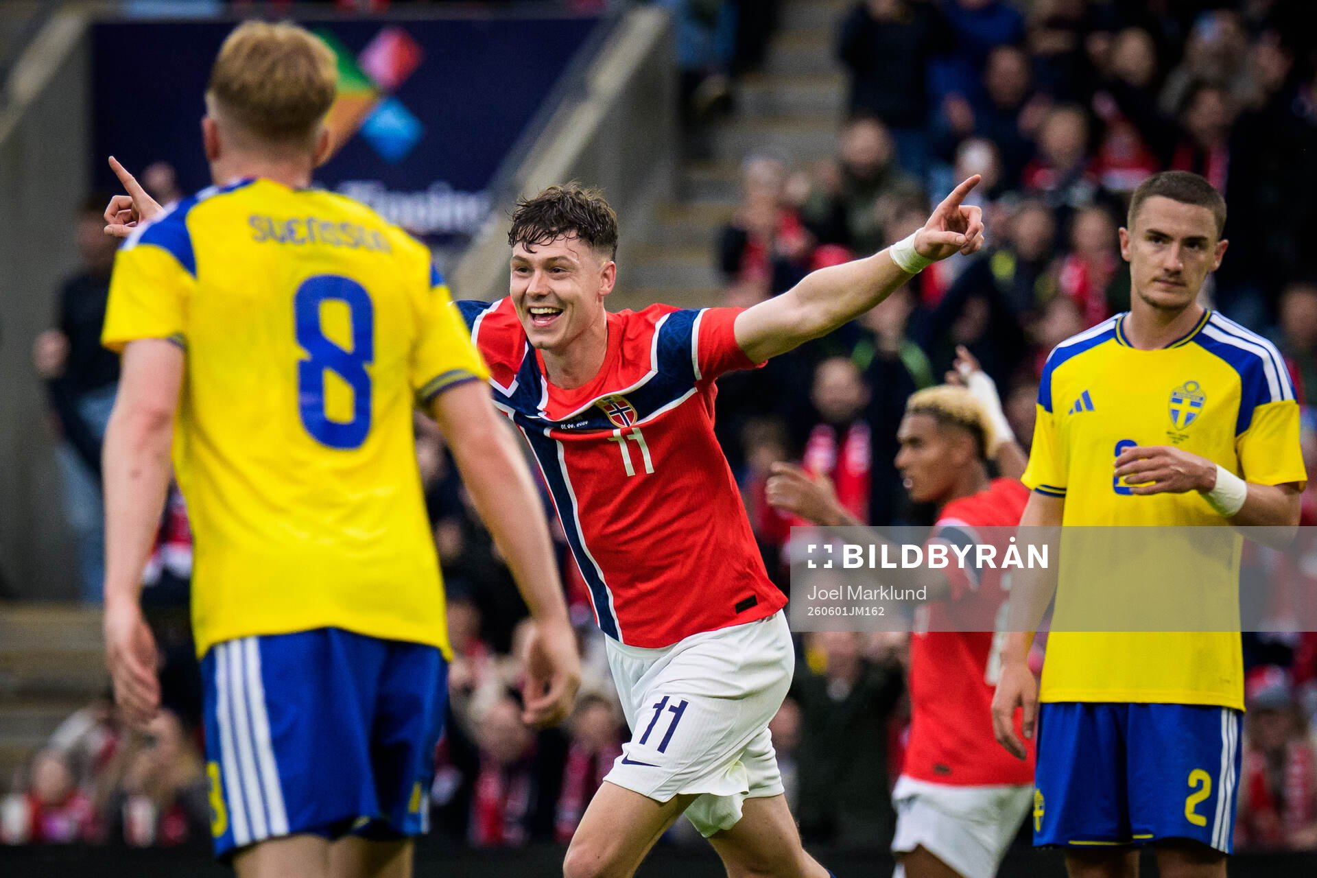Jørgen Strand Larsen of Norway celebrates his 3-0 goal as
