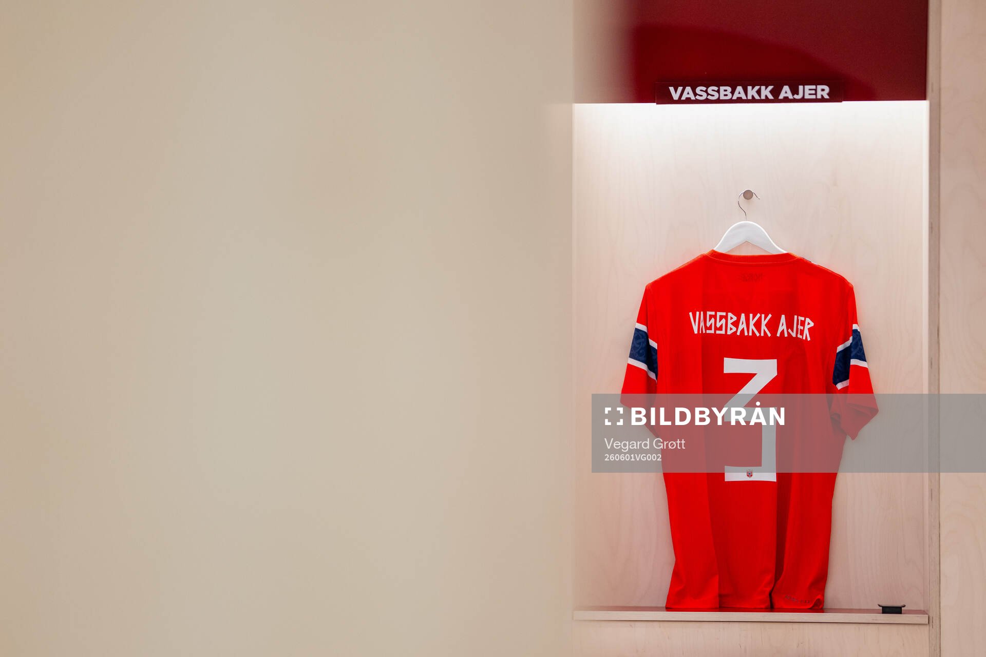 The kit of Kristoffer Ajer of Norway in the dressing room