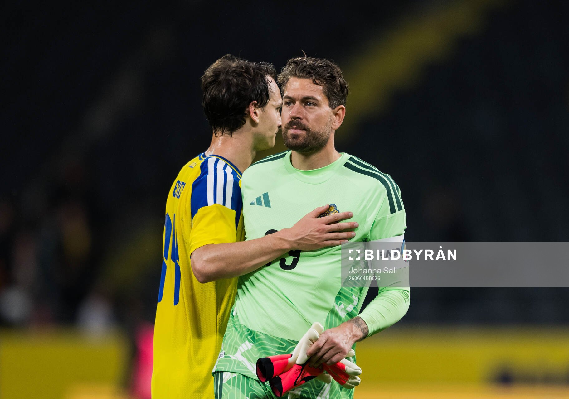 Hjalmar Ekdal and goalkeeper Kristoffer Nordfeldt of Sweden