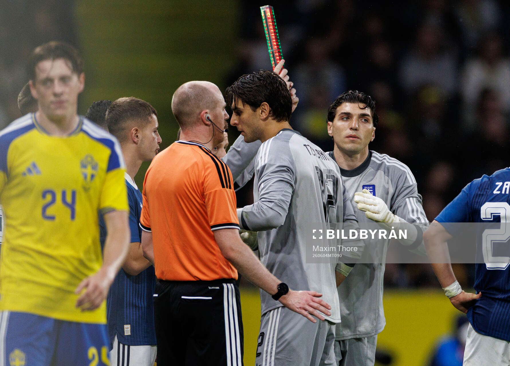 Goalkeeper Kostas Tzolakis is substituted off for