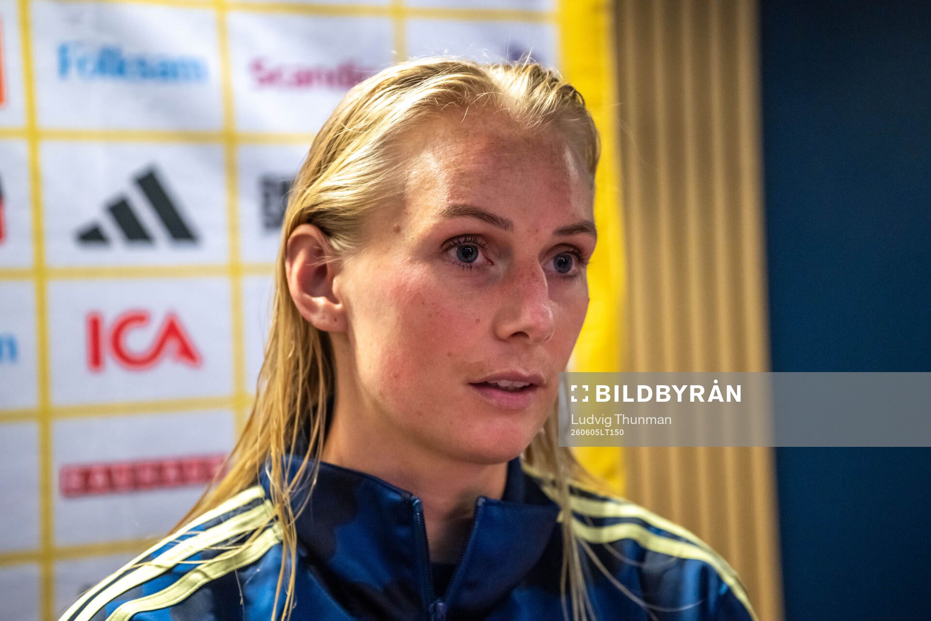 Stina Blackstenius of Sweden in mixed zone