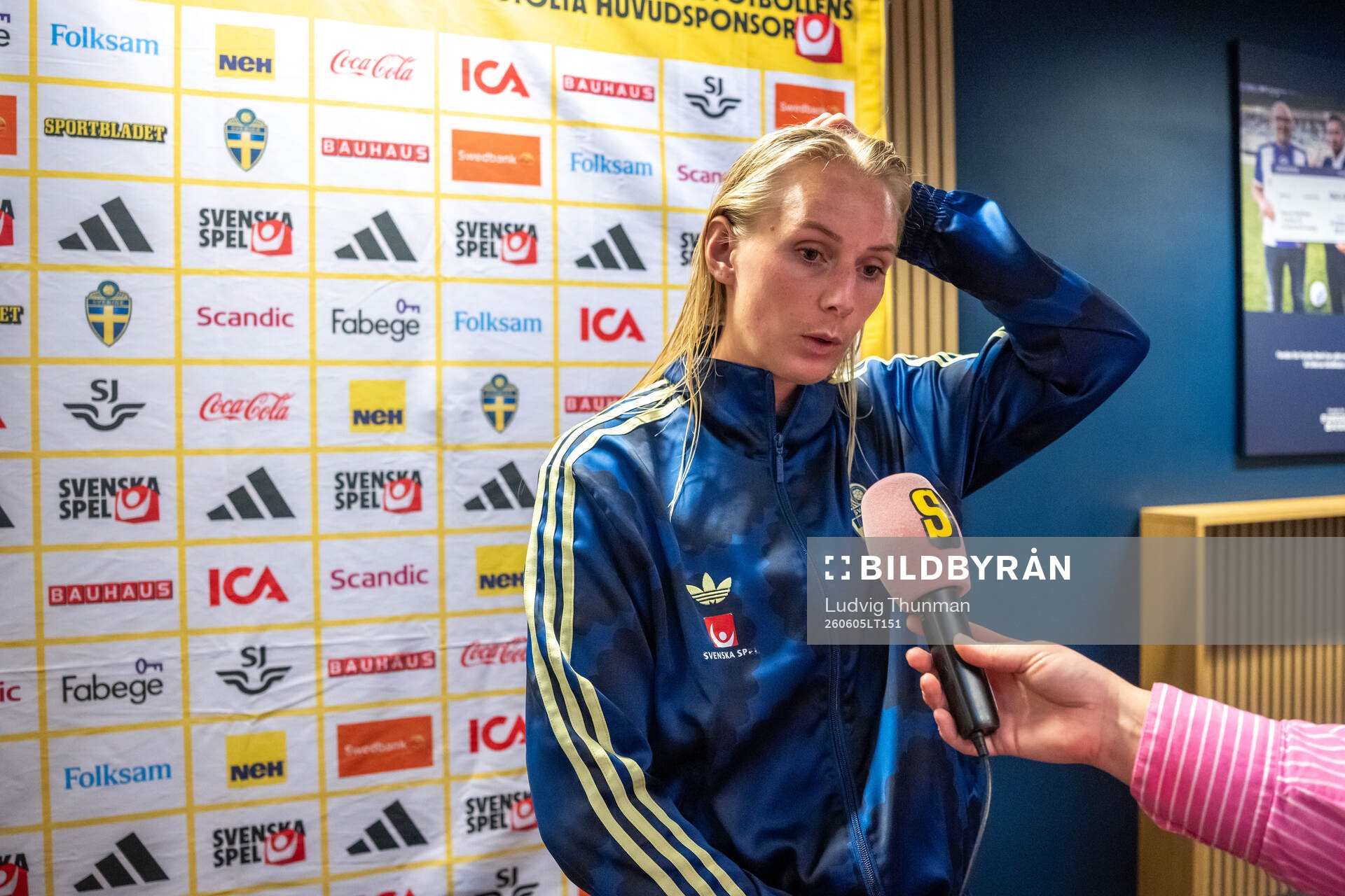 Stina Blackstenius of Sweden in mixed zone