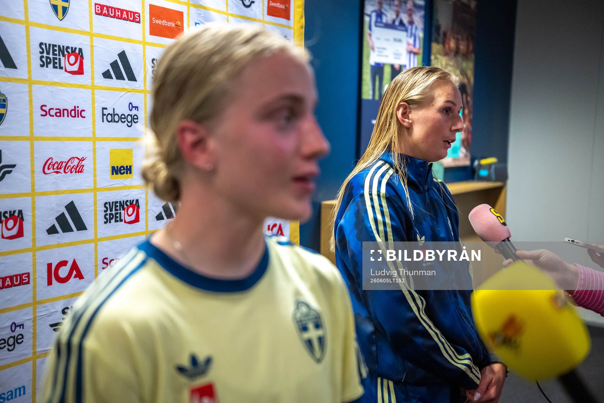 Anna Sandberg and Stina Blackstenius of Sweden in mixed zone