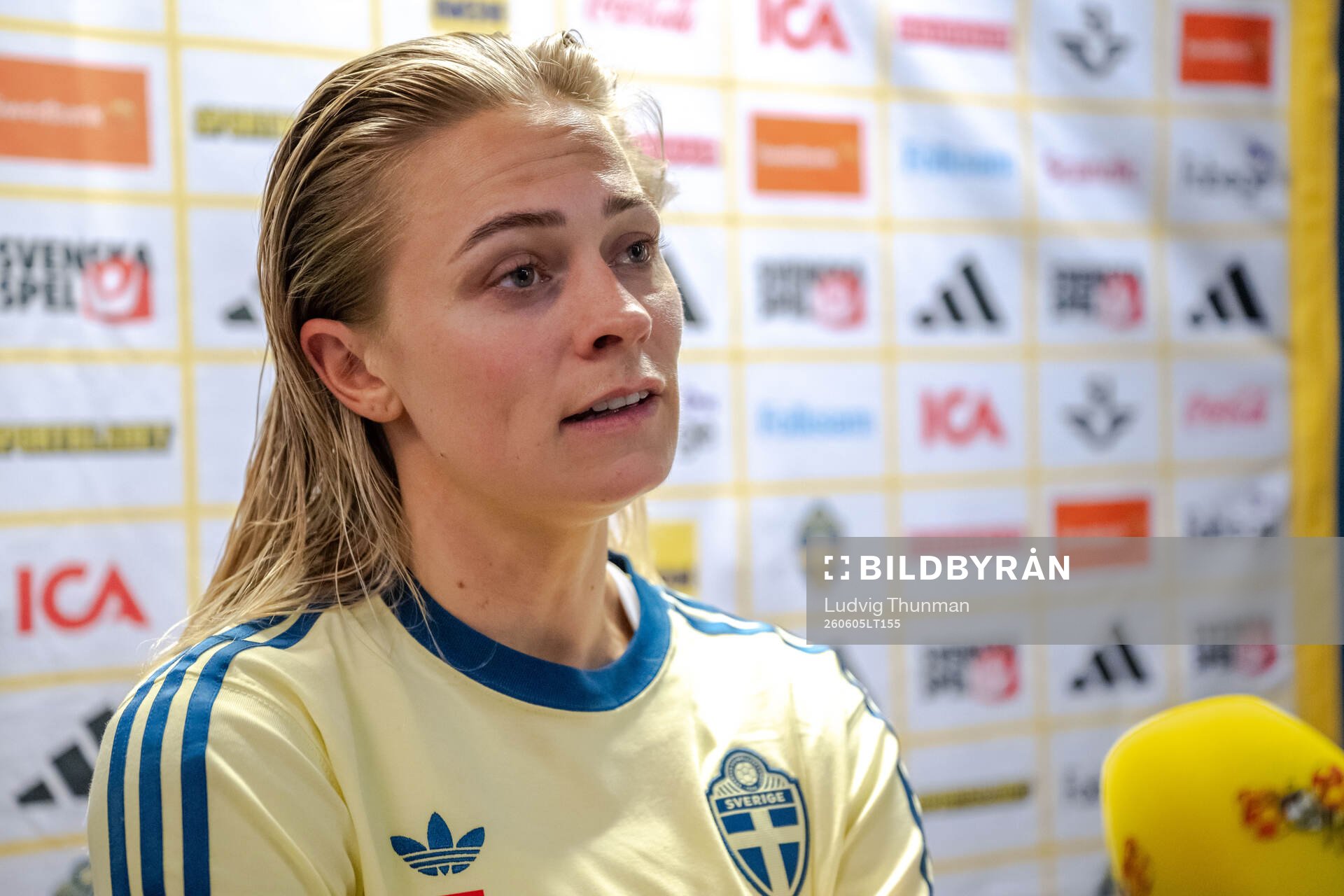 Fridolina Rolfö of Sweden in mixed zone