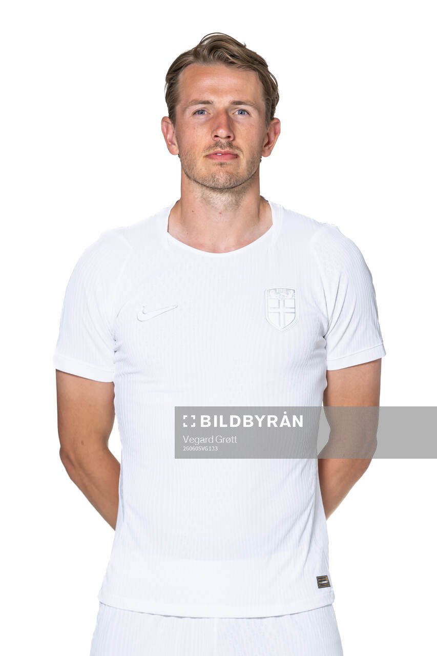 Sander Berge of the Norwegian national football team poses