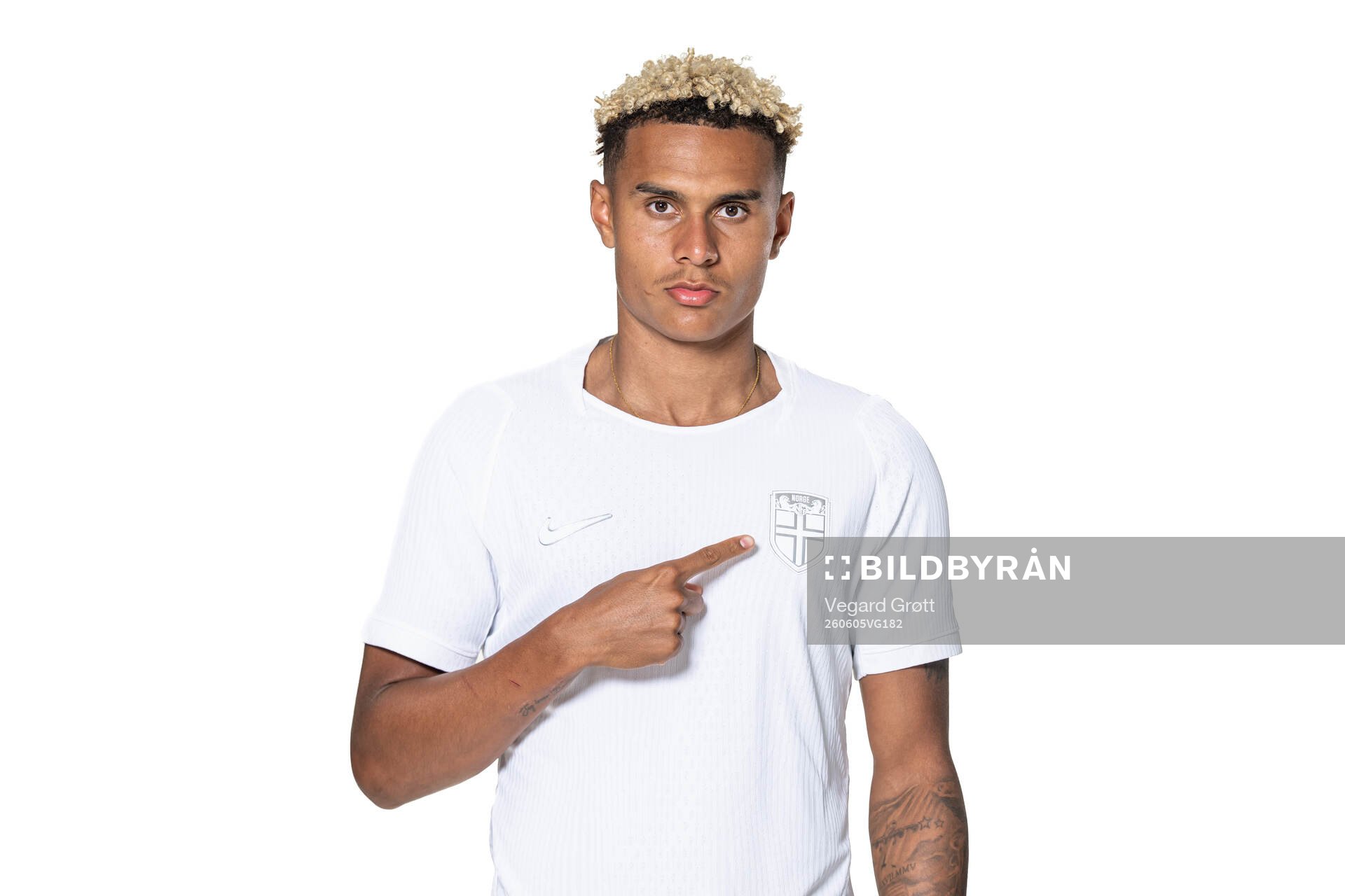 Antonio Nusa of the Norwegian national football team poses