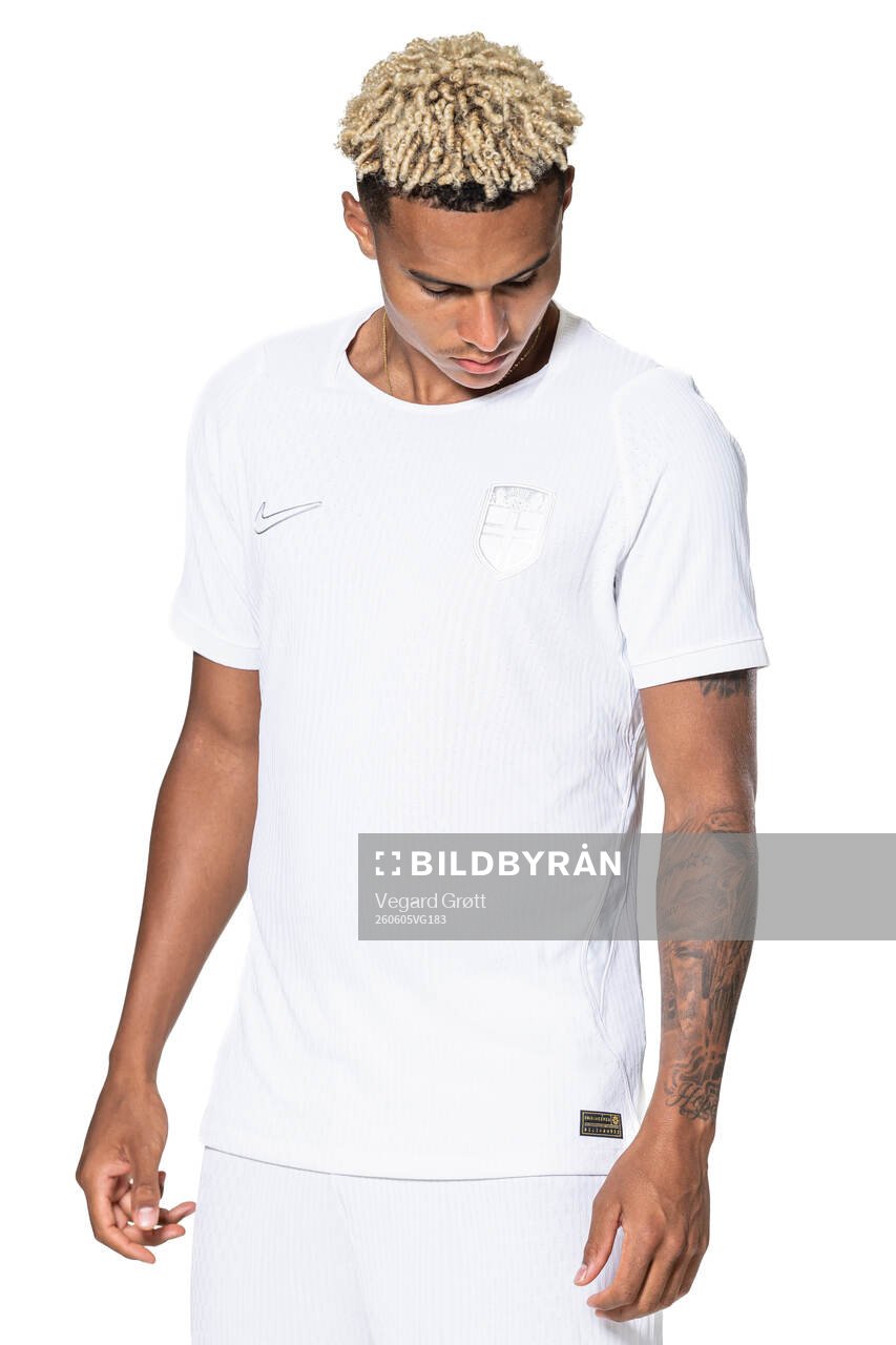 Antonio Nusa of the Norwegian national football team poses