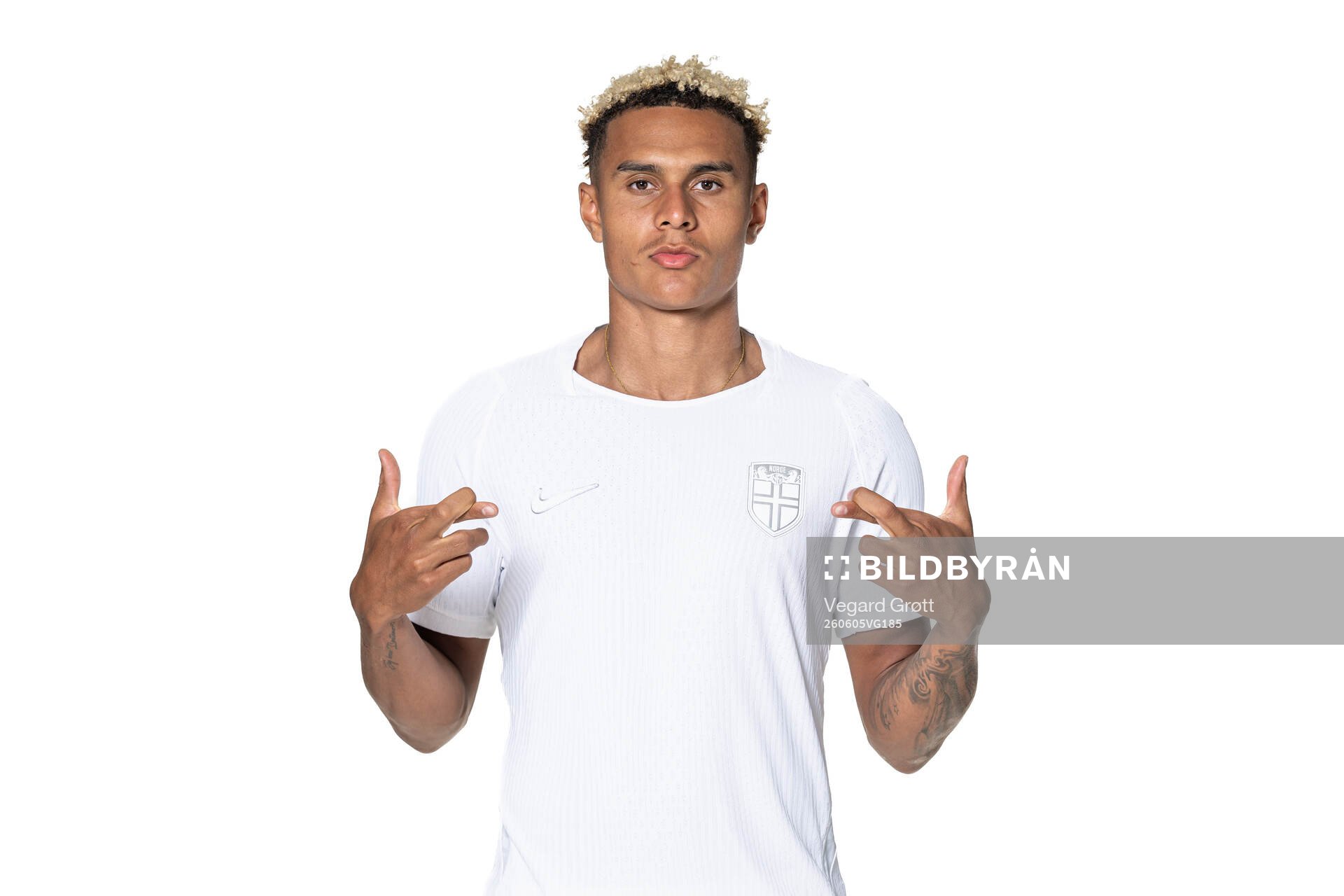 Antonio Nusa of the Norwegian national football team poses