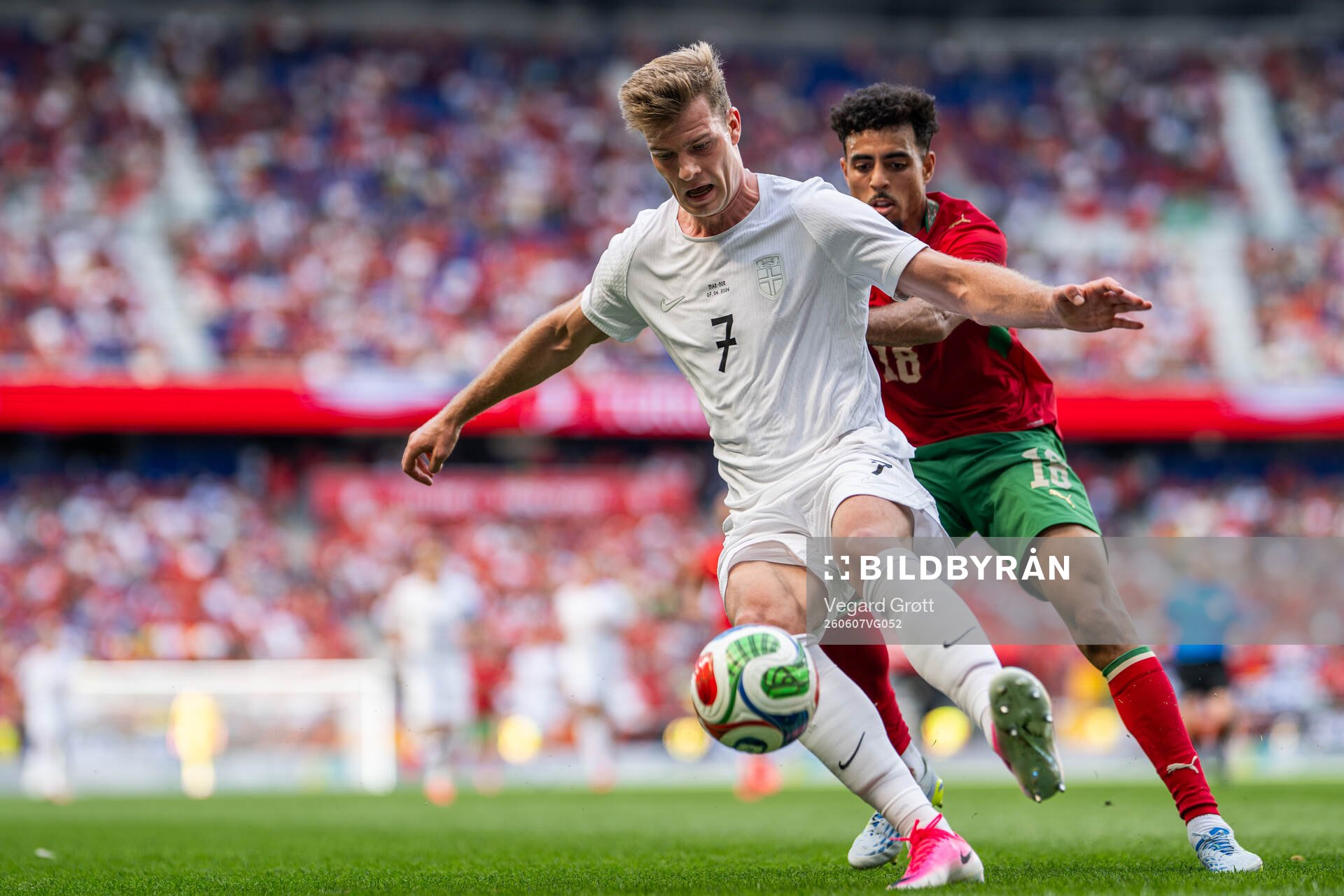 Alexander Sørloth of Norway and Chadi Riad of Morocco