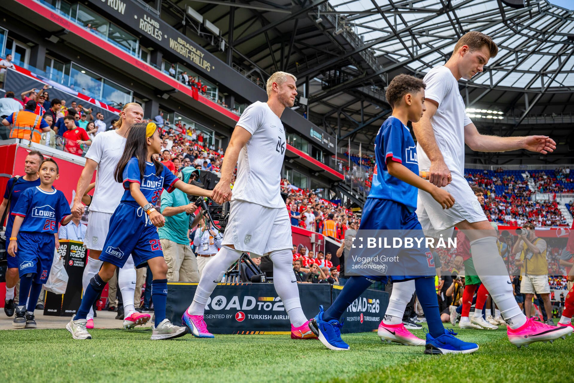 Julian Ryerson and Alexander Sørloth of Norway enter the