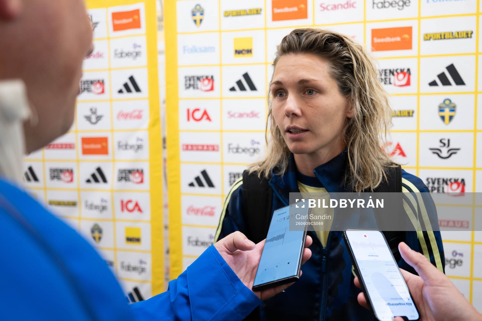Goalkeeper Jennifer Falk of Sweden in mixed zone