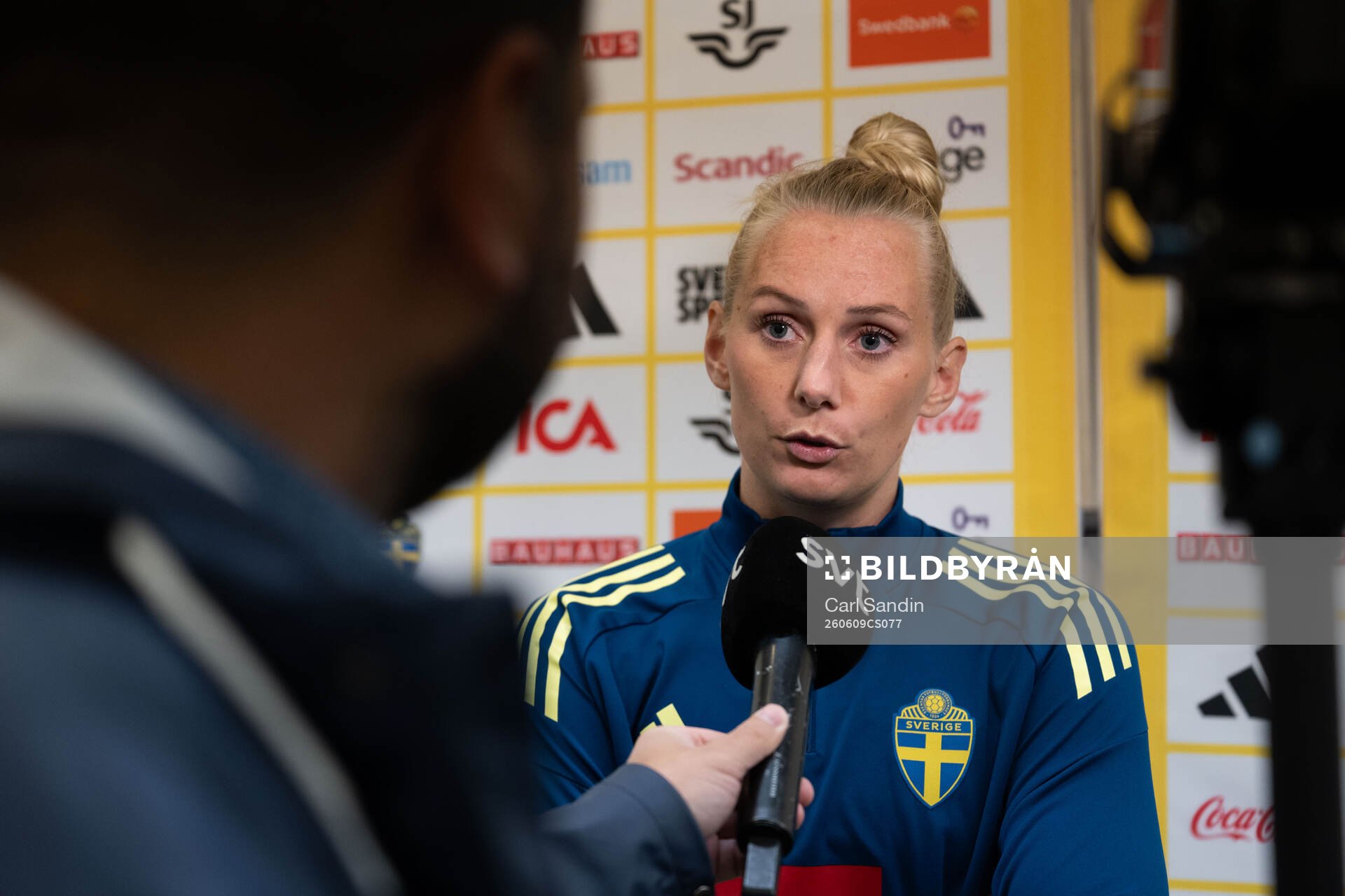 Stina Blackstenius of Sweden in mixed zone