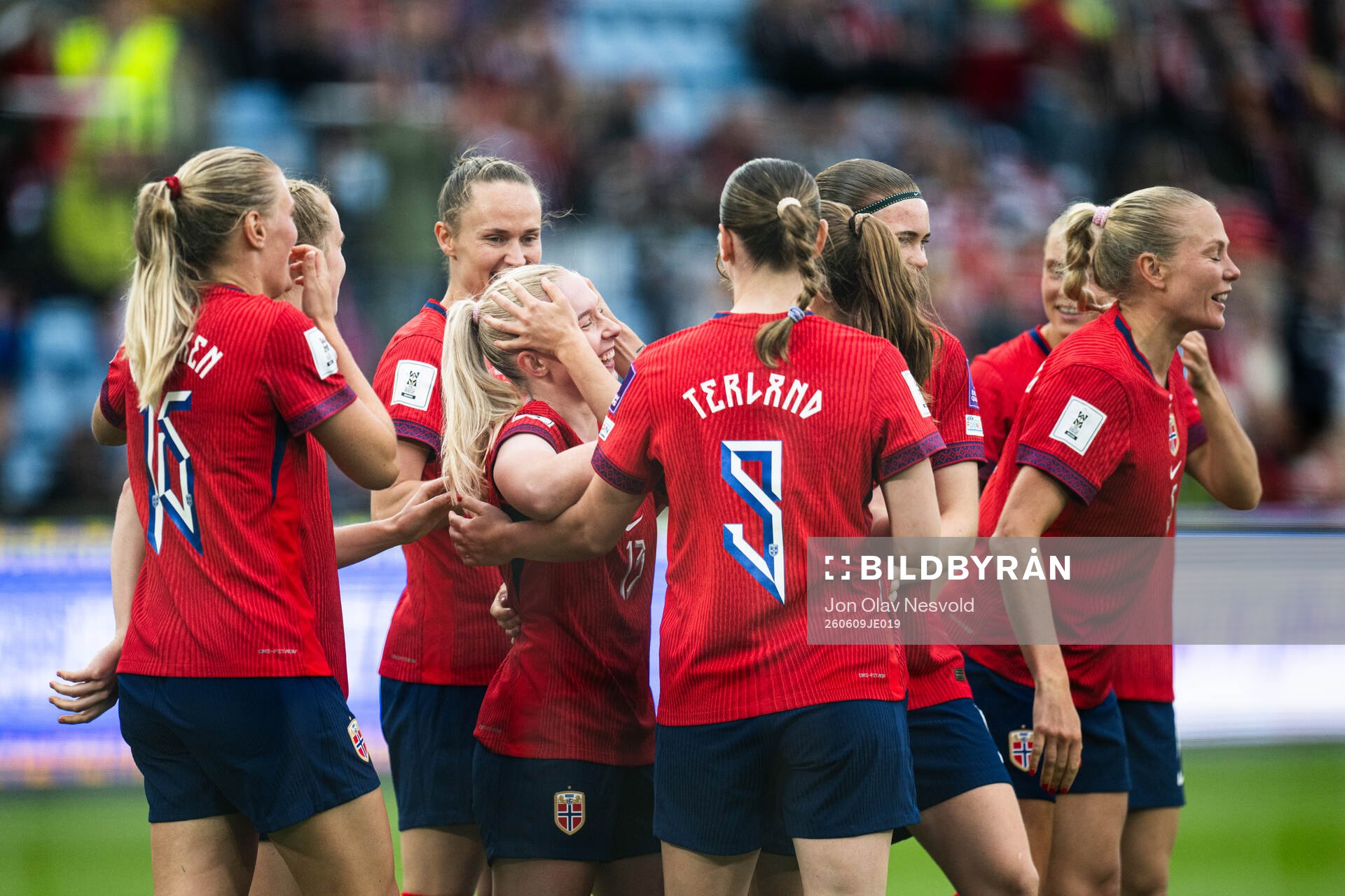 Thea Bjelde of Norway celebrates with teammates
