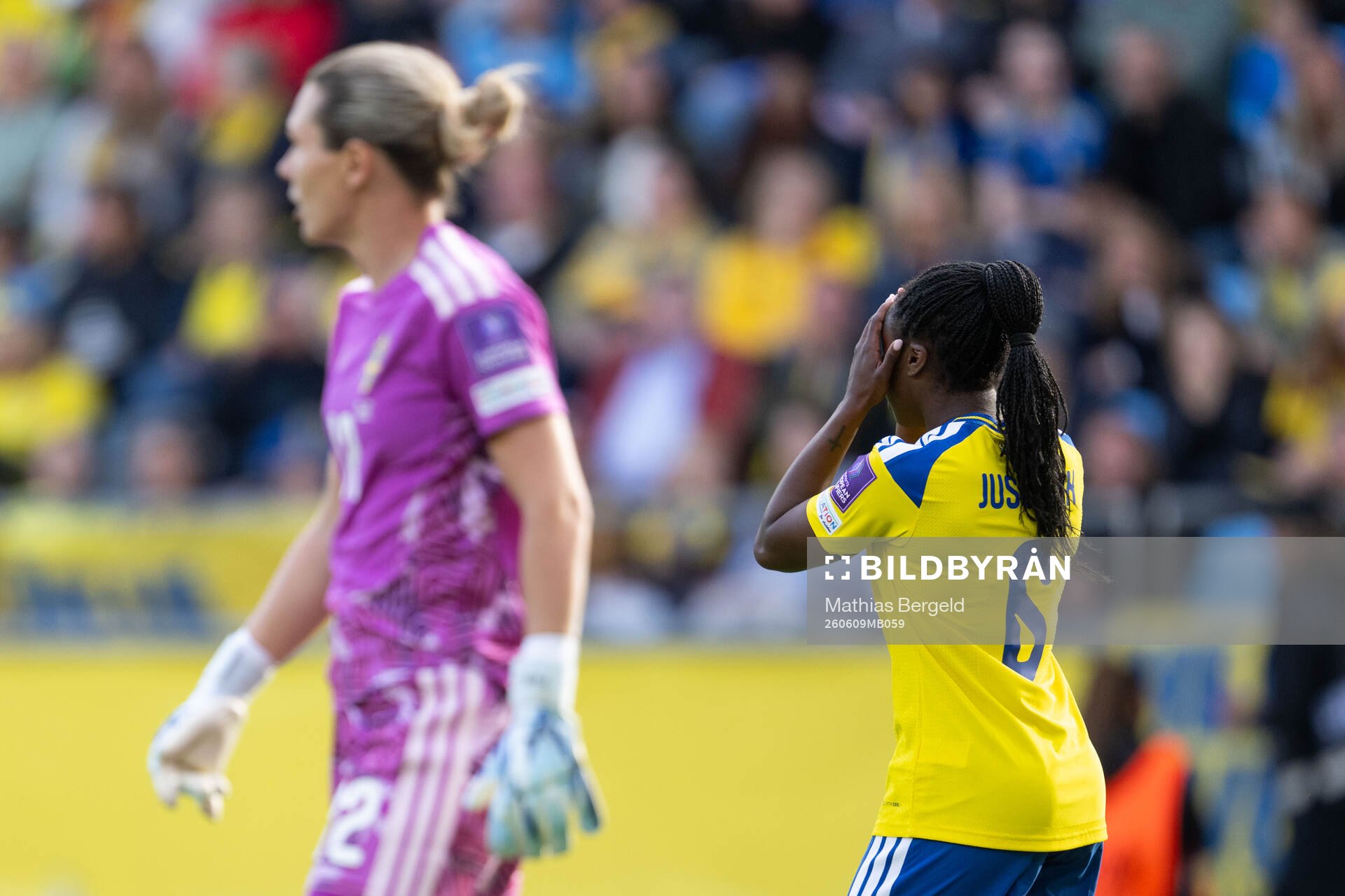 Goalkeeper Jennifer Falk and Monica Jusu Bah of Sweden look