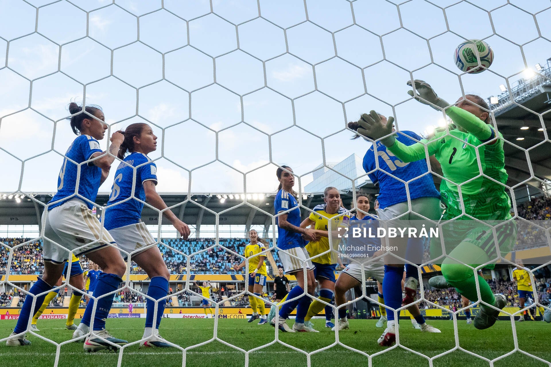 Hanna Lundkvist of Sweden scores 1-2 behind goalkeeper