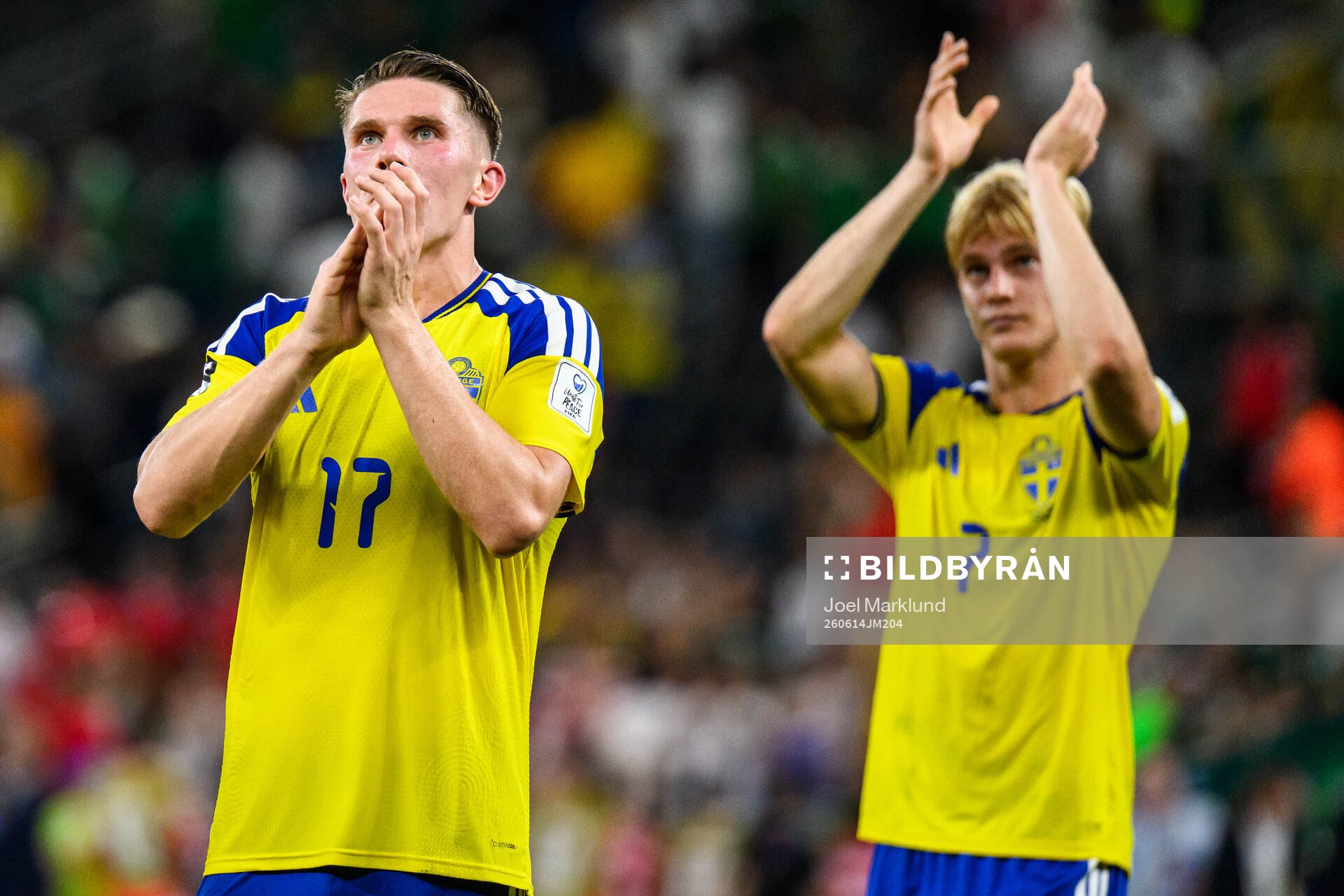 Viktor Gyökeres and Lucas Bergvall of Sweden celebrate