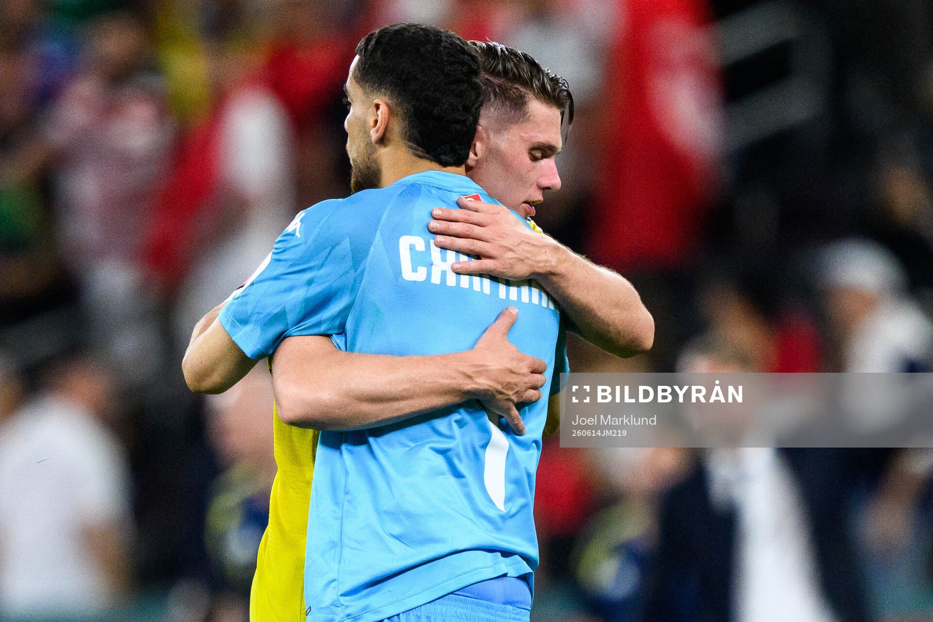 Viktor Gyökeres of Sweden and goalkeeper Mouhib Chamakh of